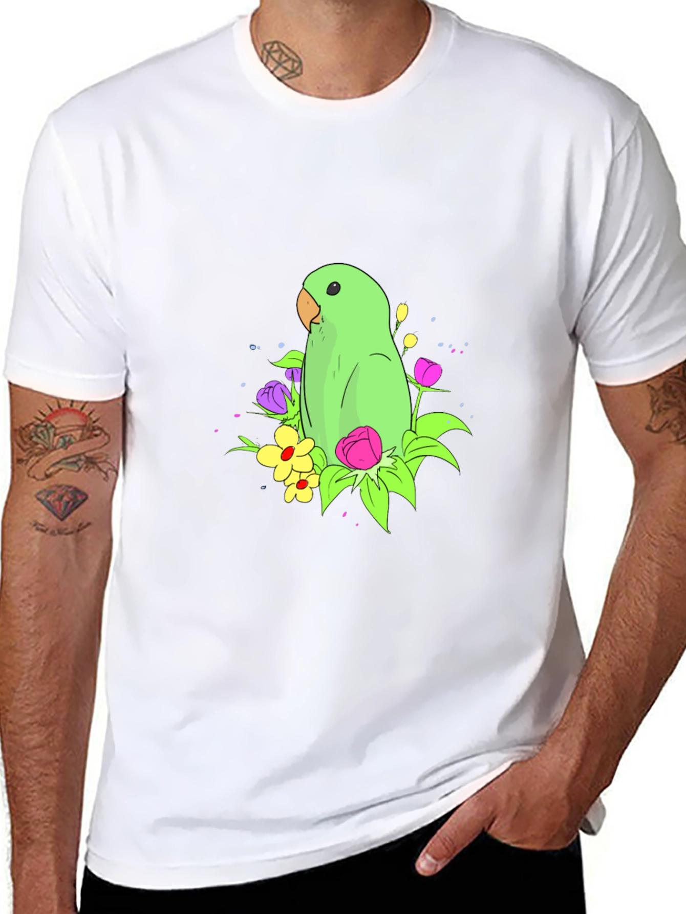 Parrot & Flower Graphic Black T-Shirt