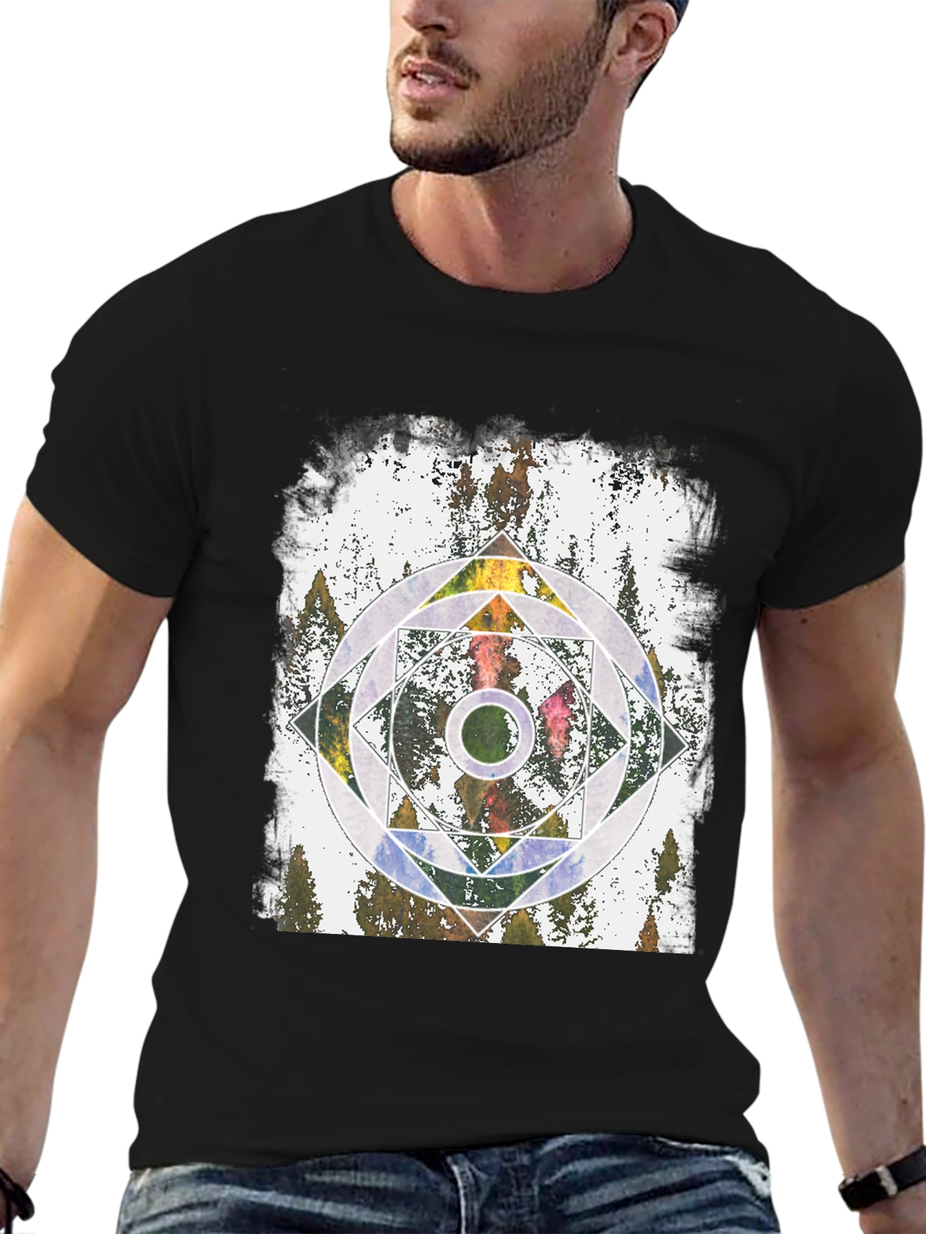 Geometric Forest Graphic Tee - Black Unisex T-Shirt