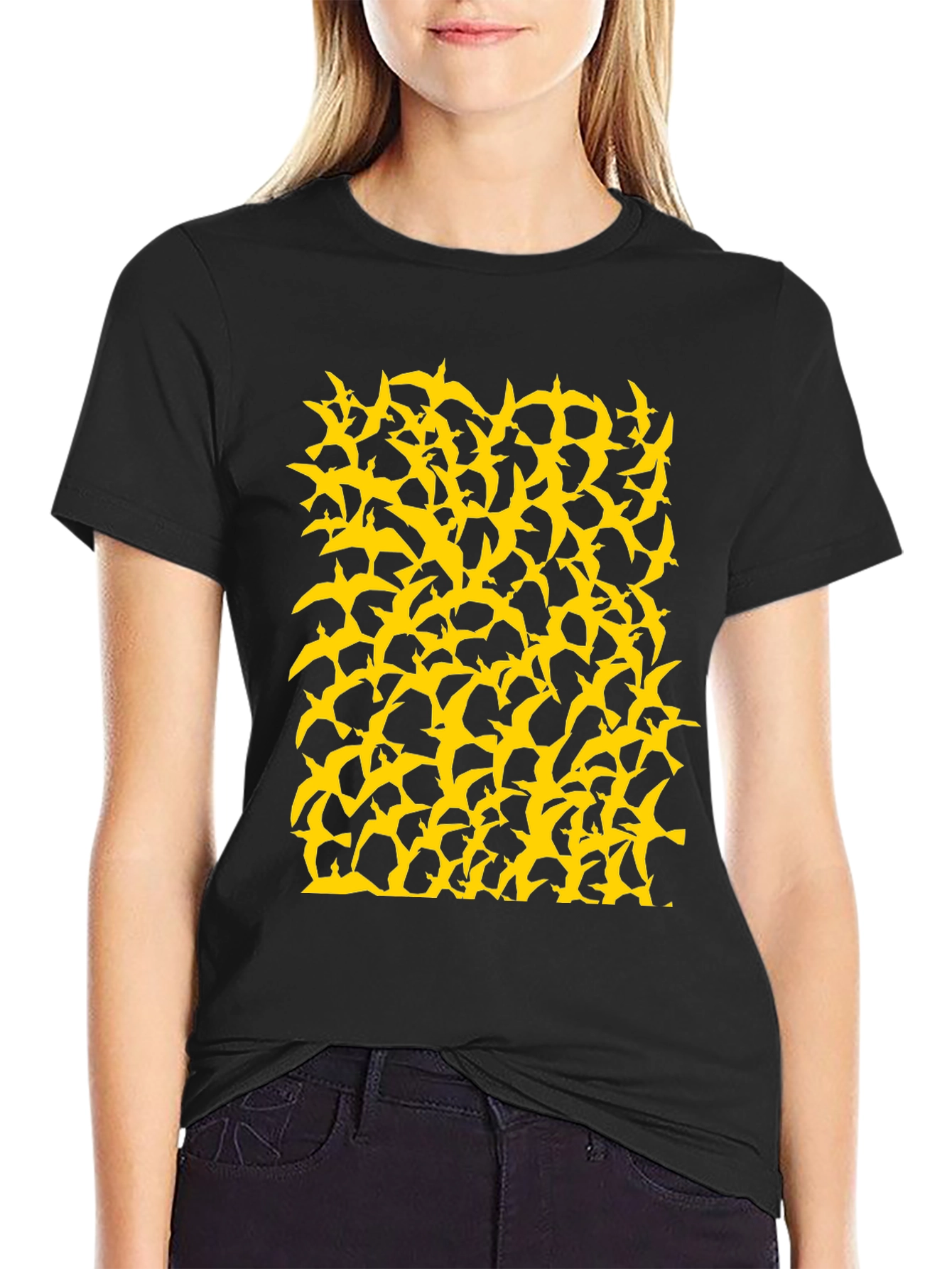 Birds Pattern Black T-Shirt