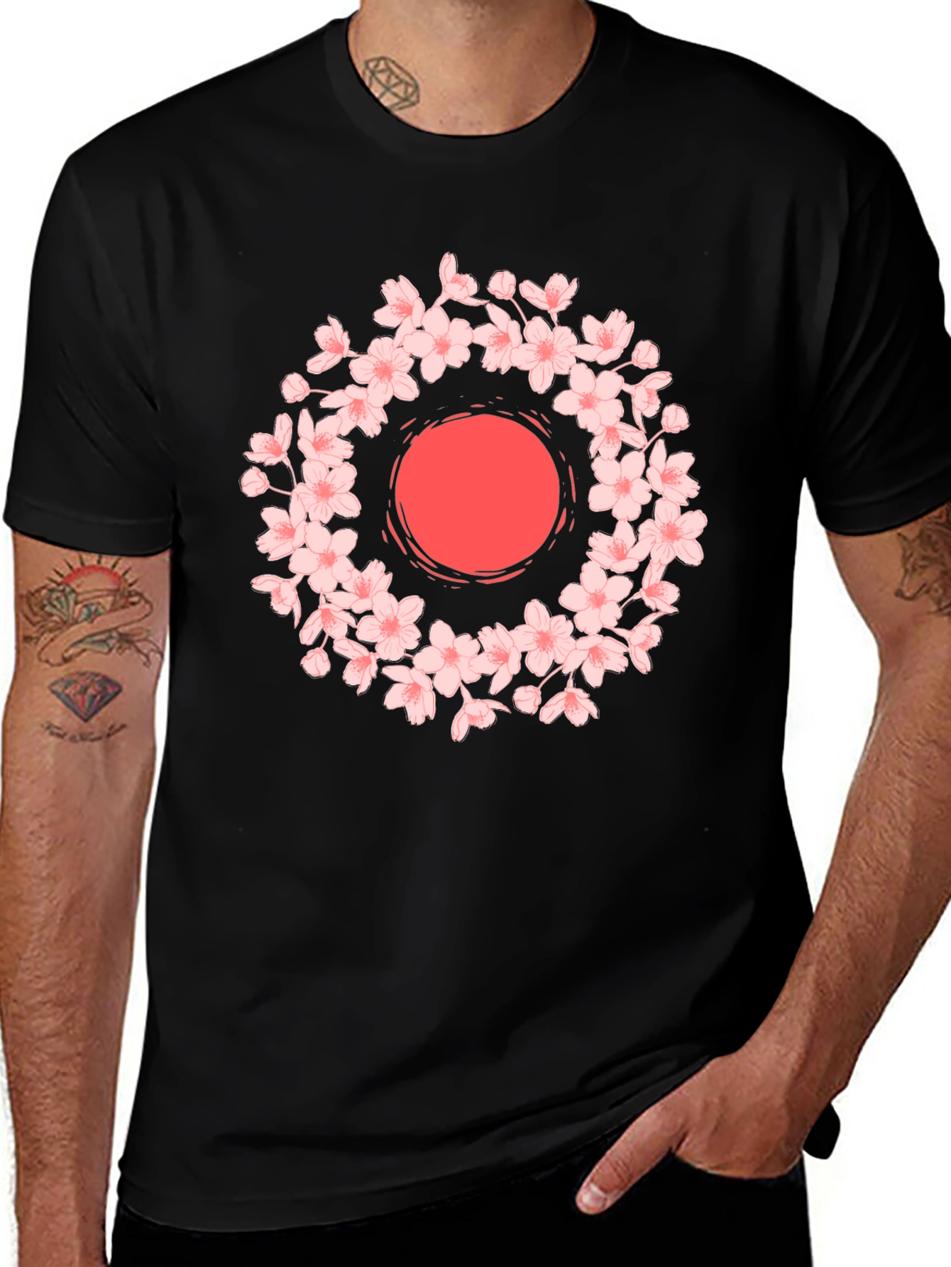 Cherry Blossom Sun Graphic Tee - Black Cotton Blend