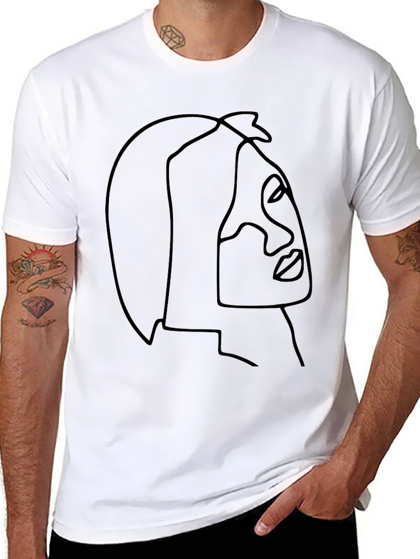 Minimalist Face Line Art Black T-Shirt