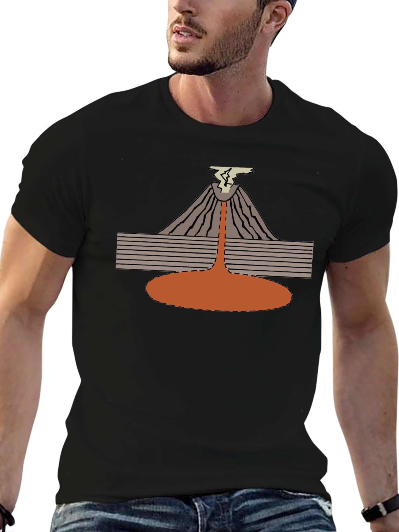 Volcano Eruption Graphic Tee - Black Cotton T-Shirt