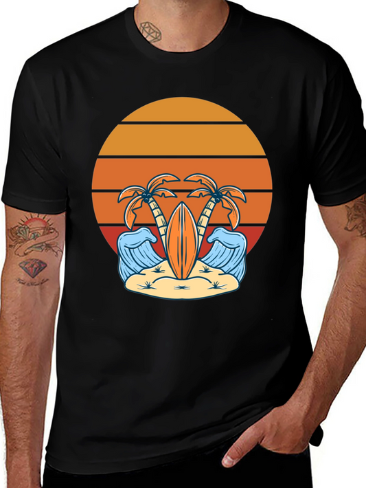 Retro Beach Vibes T-Shirt - Palm Trees & Surfboard