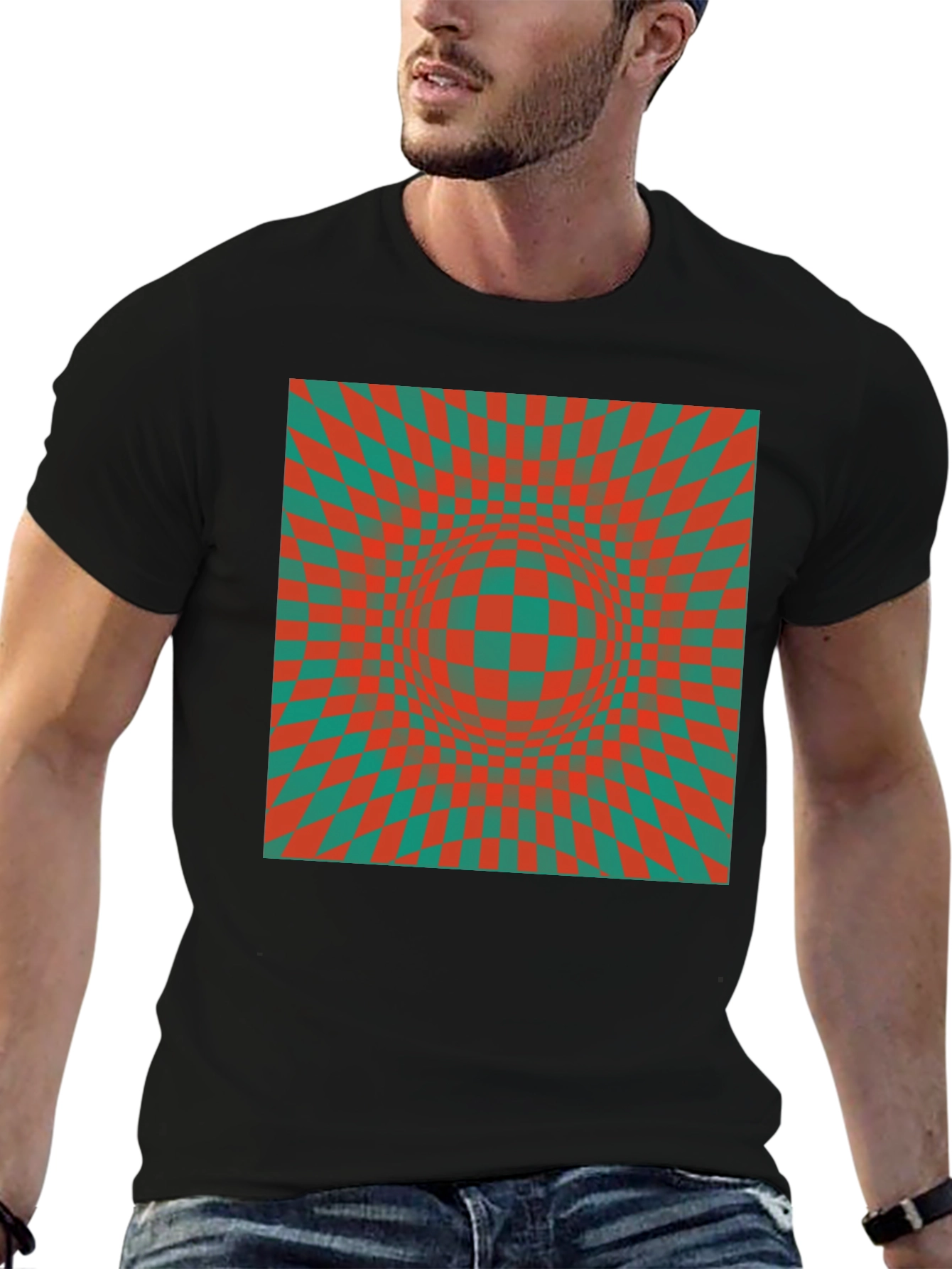 Optical Illusion T-Shirt: Red & Green Checkered Design