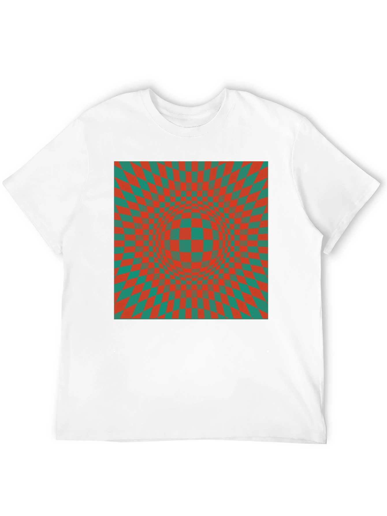 Optical Illusion T-Shirt: Red & Green Checkered Design