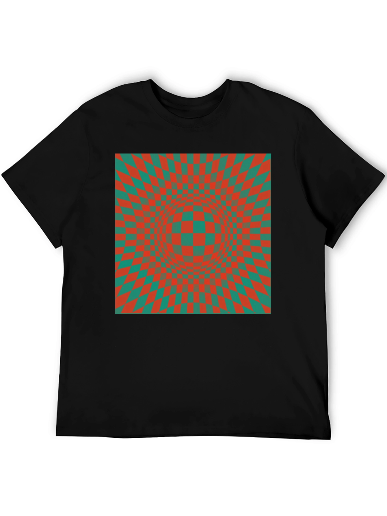 Optical Illusion T-Shirt: Red & Green Checkered Design