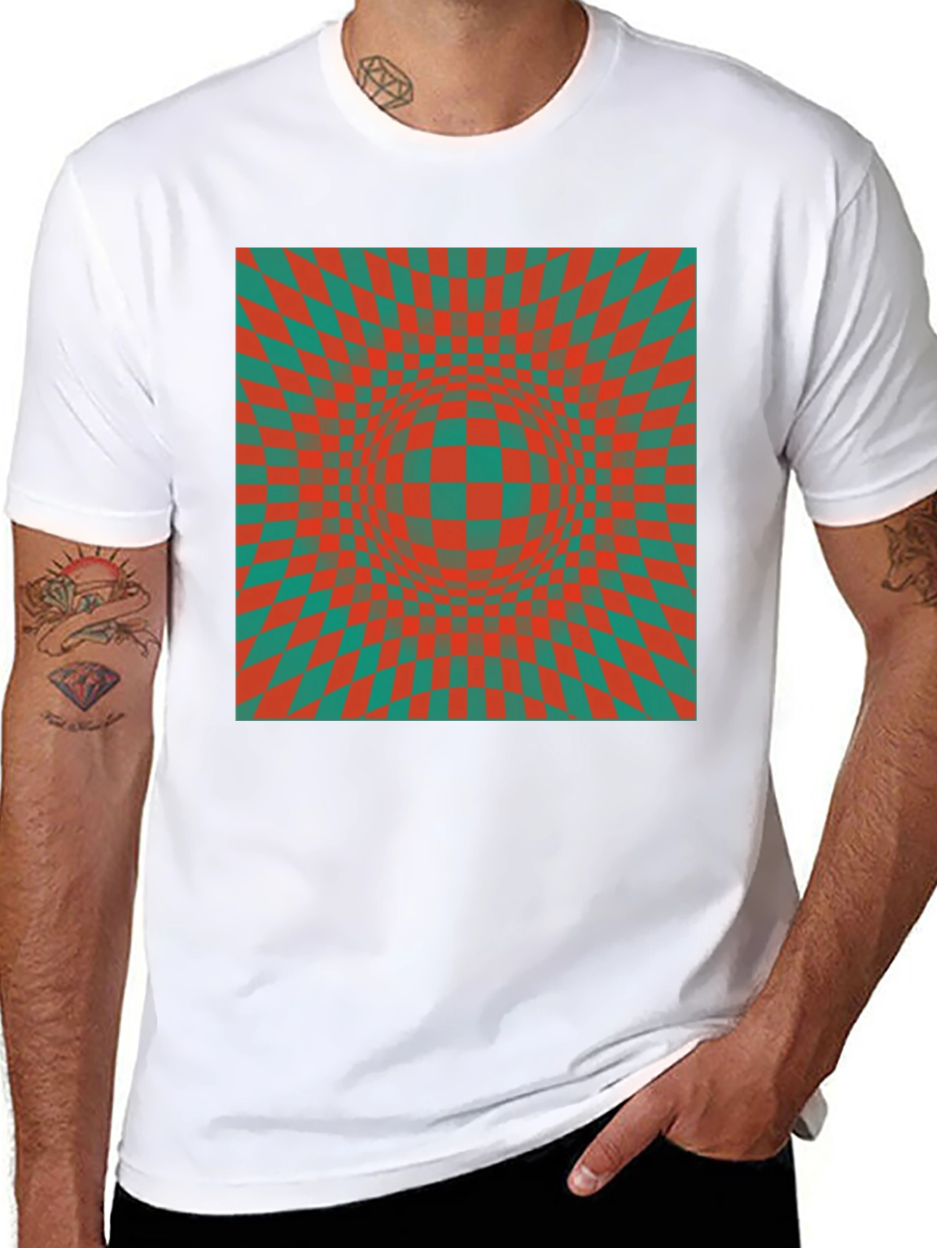 Optical Illusion T-Shirt: Red & Green Checkered Design