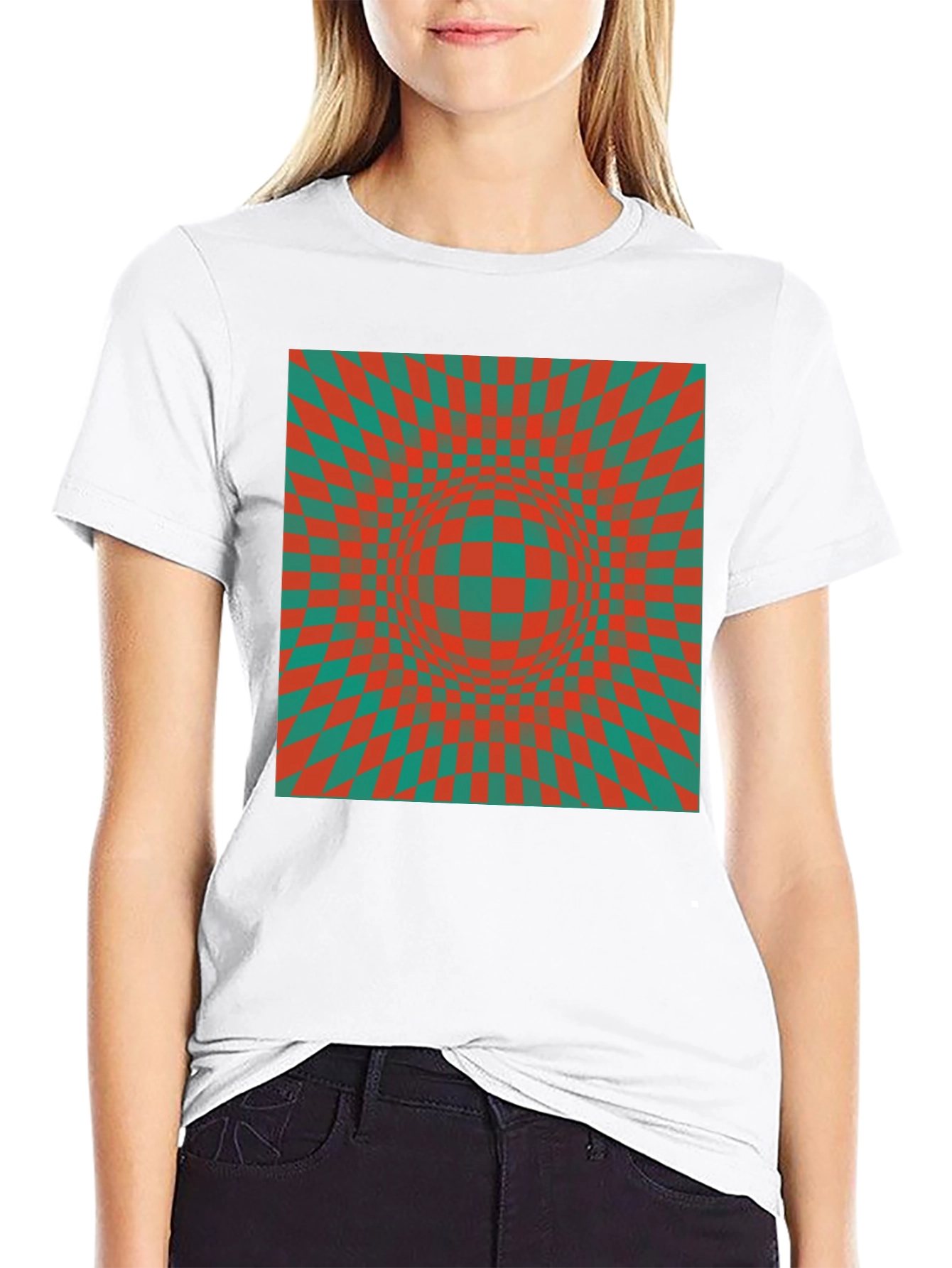 Optical Illusion T-Shirt: Red & Green Checkered Design
