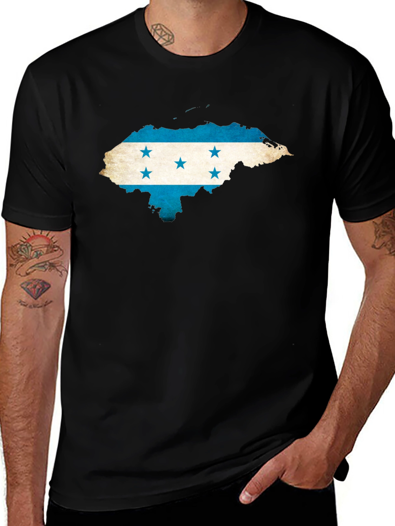 Honduras Flag Map Graphic Tee - Black Crew Neck