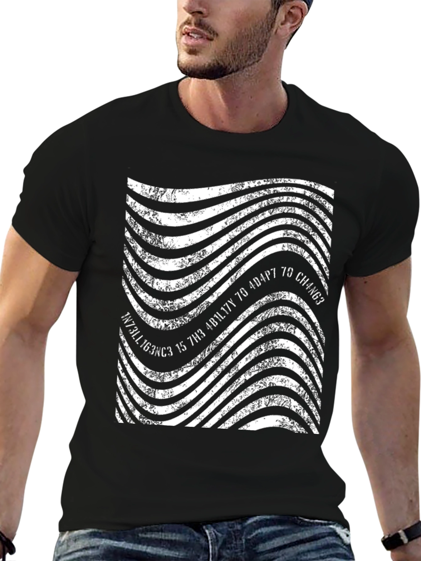 Abstract Wavy Lines Graphic Tee - Black