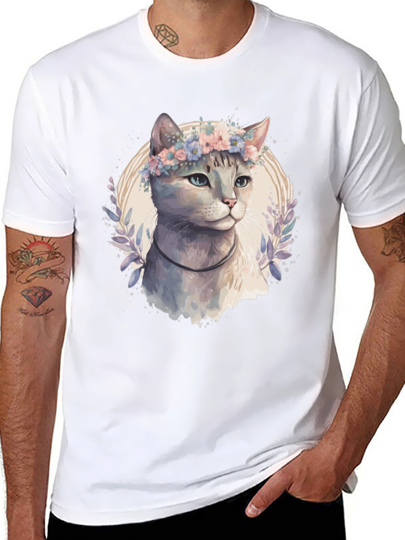 Cat with Flower Crown T-Shirt - Mens Black Tee