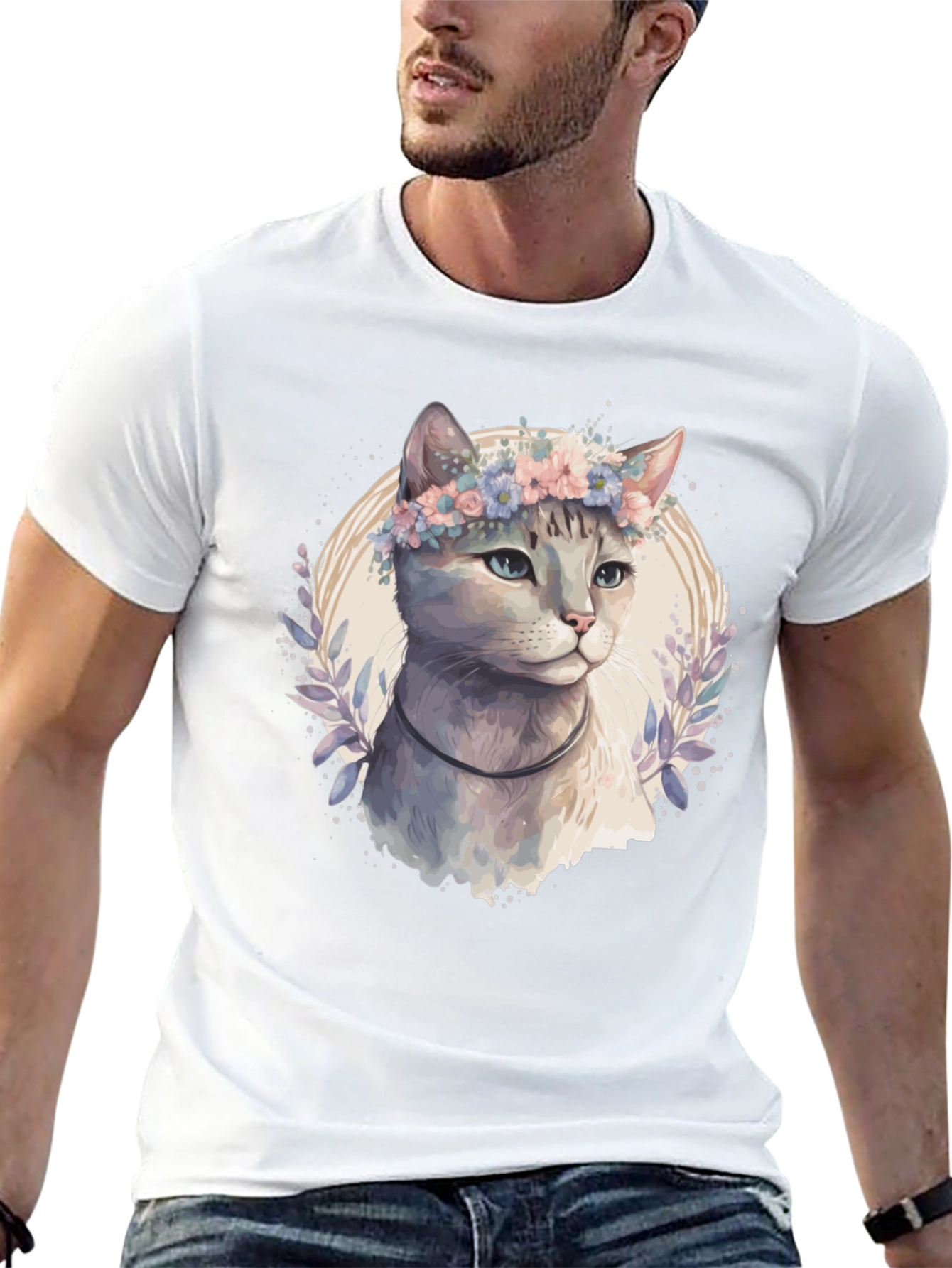 Cat with Flower Crown T-Shirt - Mens Black Tee
