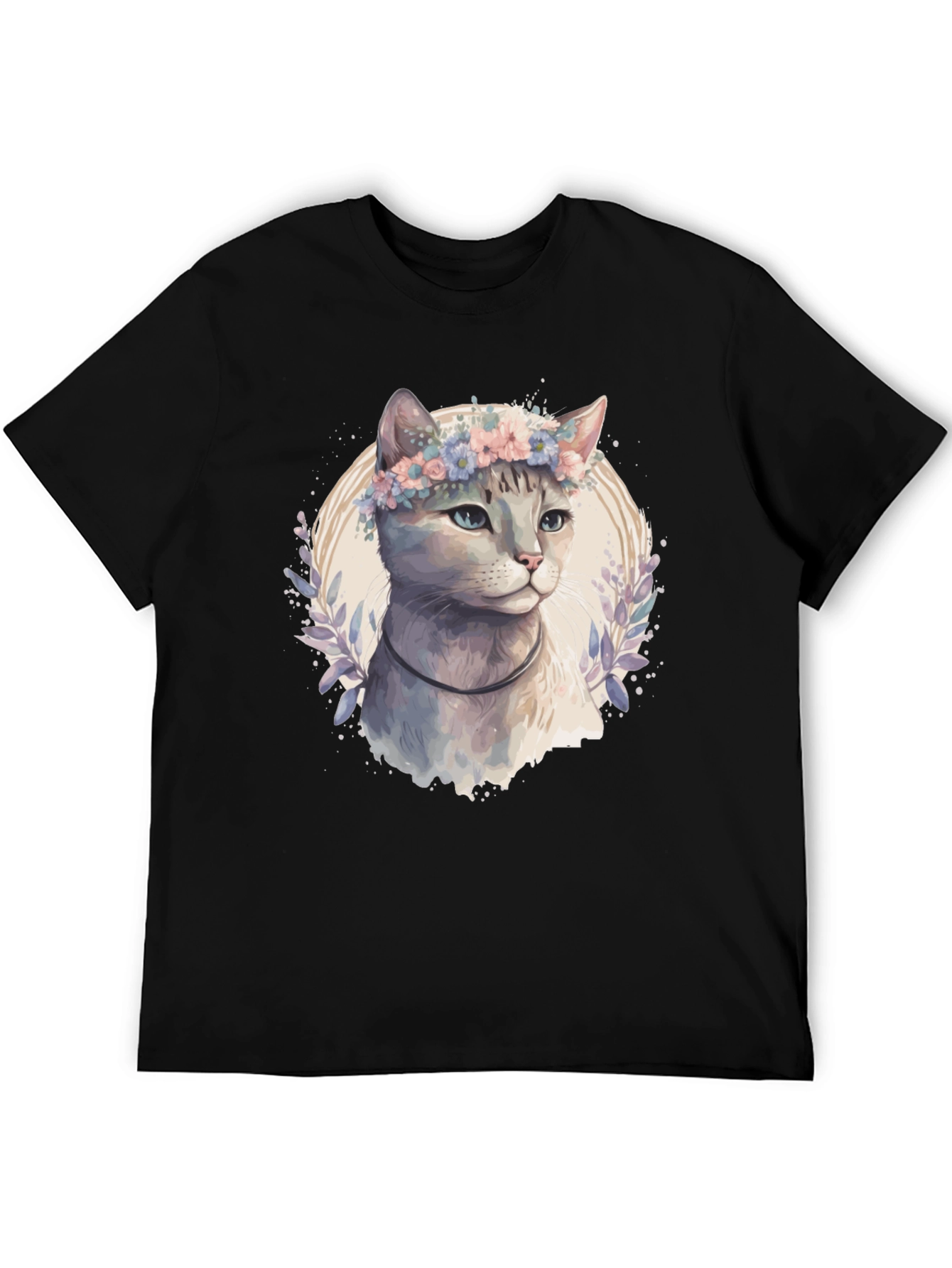 Cat with Flower Crown T-Shirt - Mens Black Tee