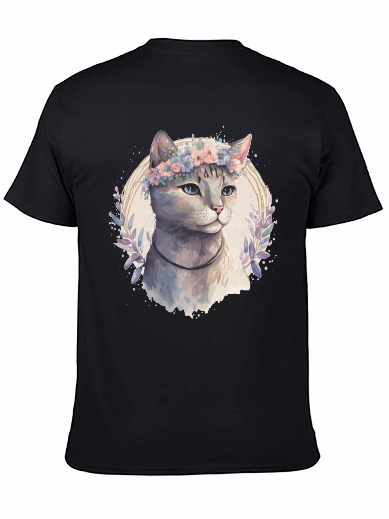 Cat with Flower Crown T-Shirt - Mens Black Tee