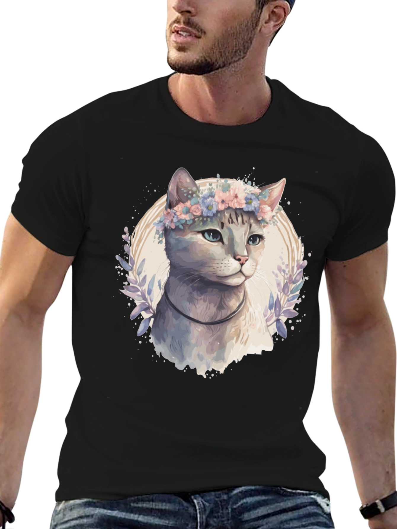 Cat with Flower Crown T-Shirt - Mens Black Tee