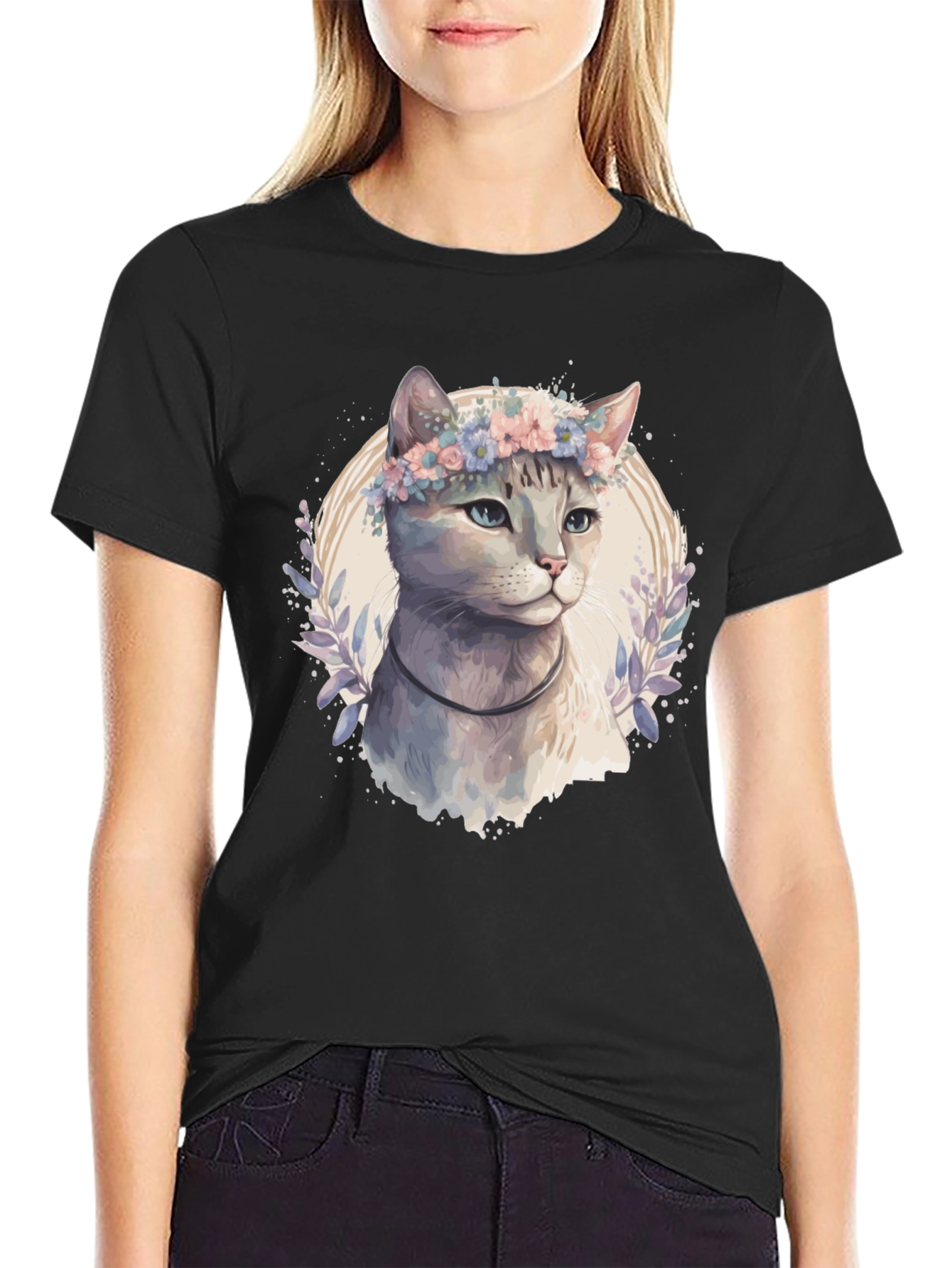 Cat with Flower Crown T-Shirt - Mens Black Tee