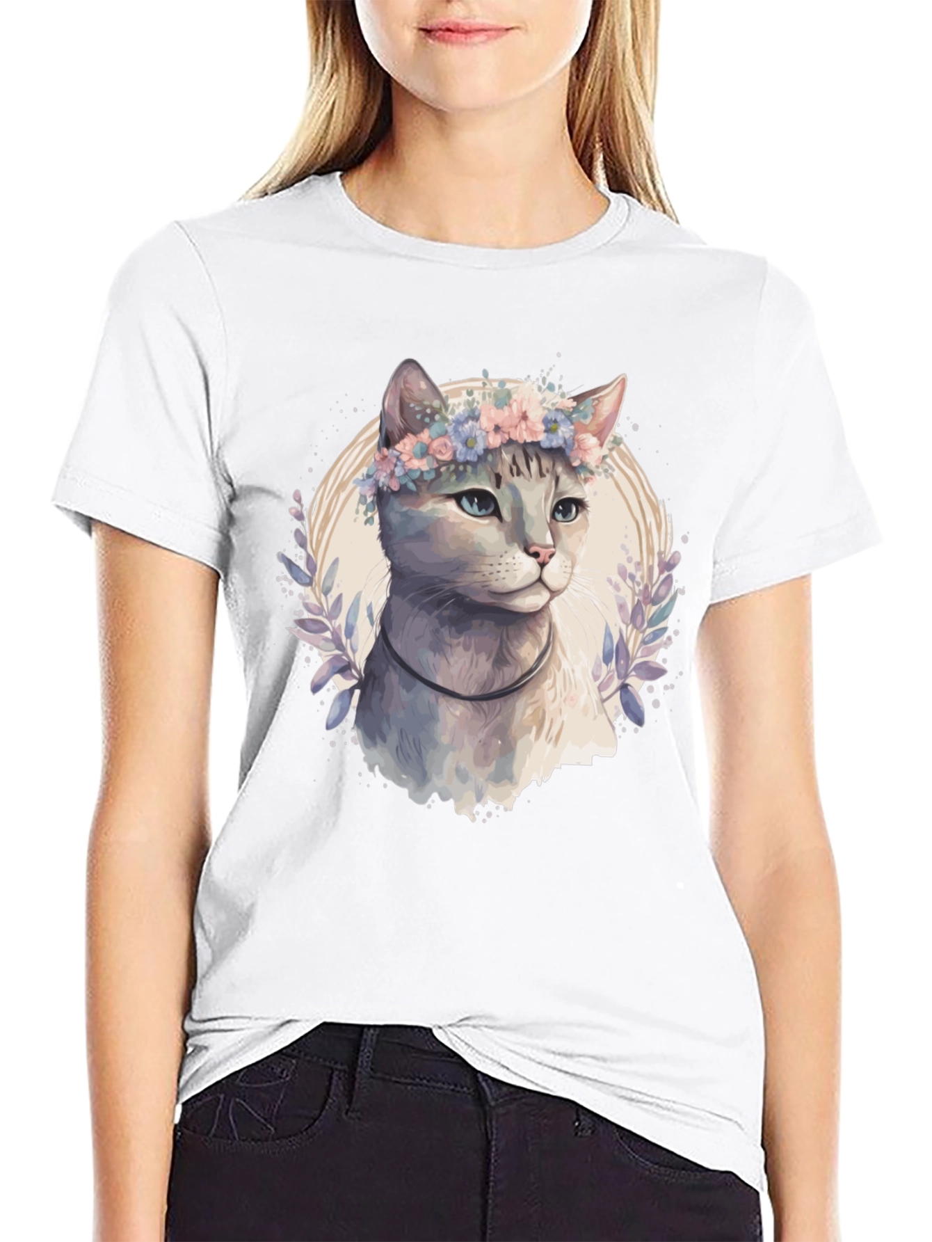 Cat with Flower Crown T-Shirt - Mens Black Tee