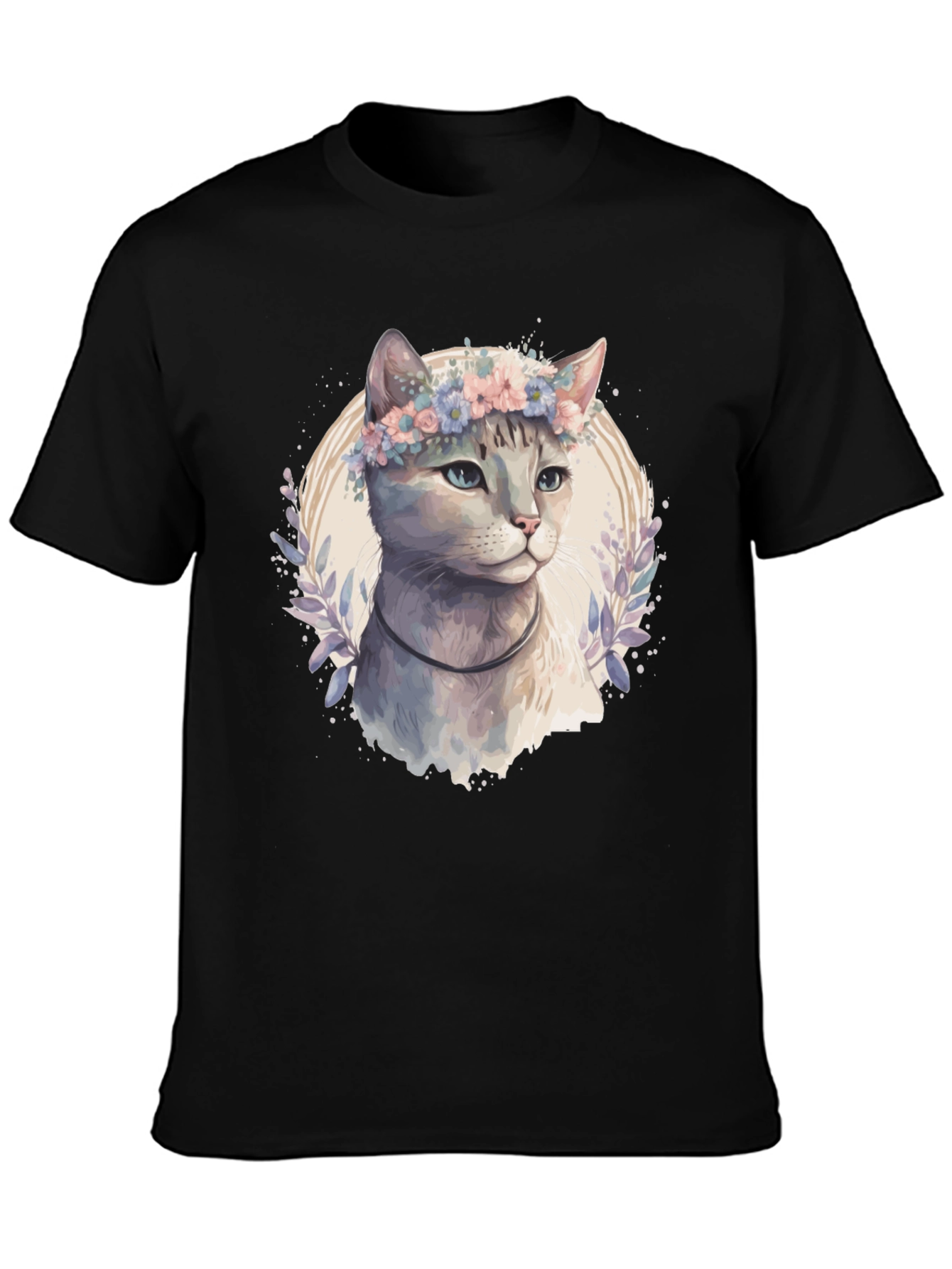 Cat with Flower Crown T-Shirt - Mens Black Tee