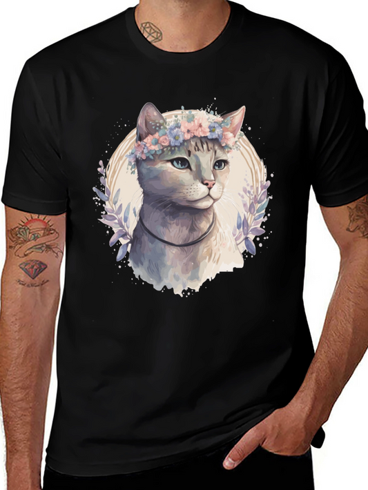 Cat with Flower Crown T-Shirt - Mens Black Tee