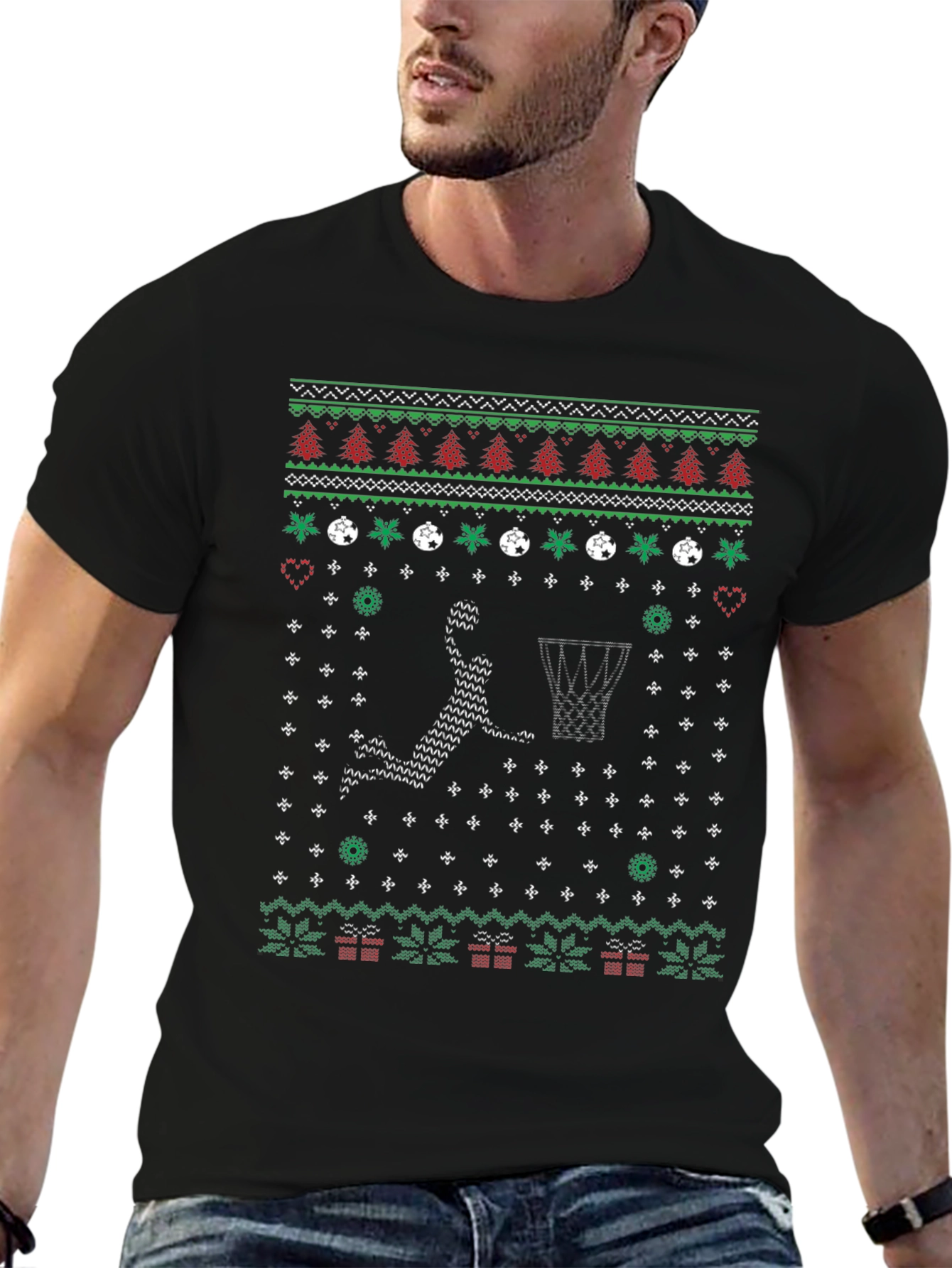 Festive Basketball Ugly Christmas T-Shirt