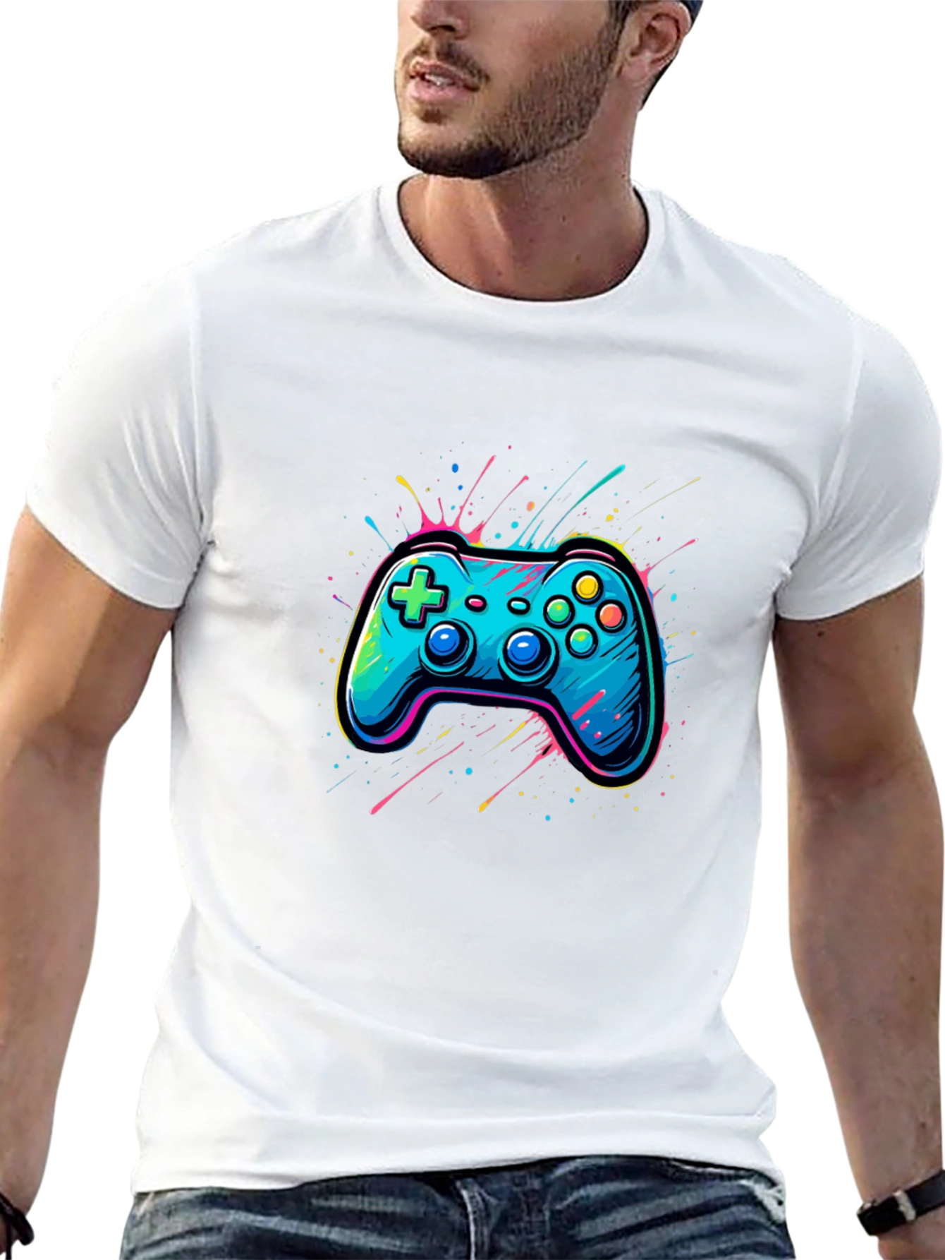 Gamer Tee: Neon Controller Graphic Black T-Shirt