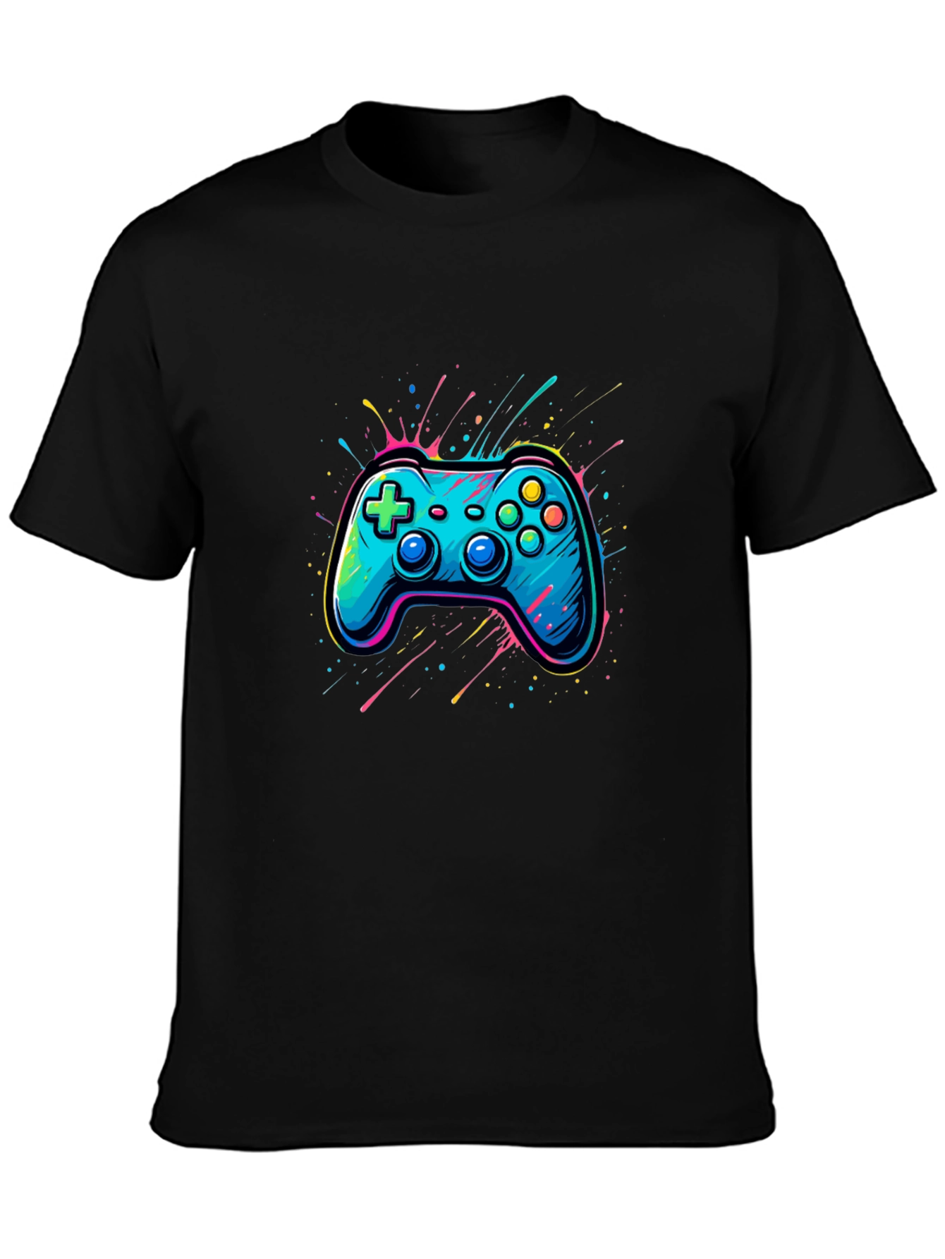 Gamer Tee: Neon Controller Graphic Black T-Shirt