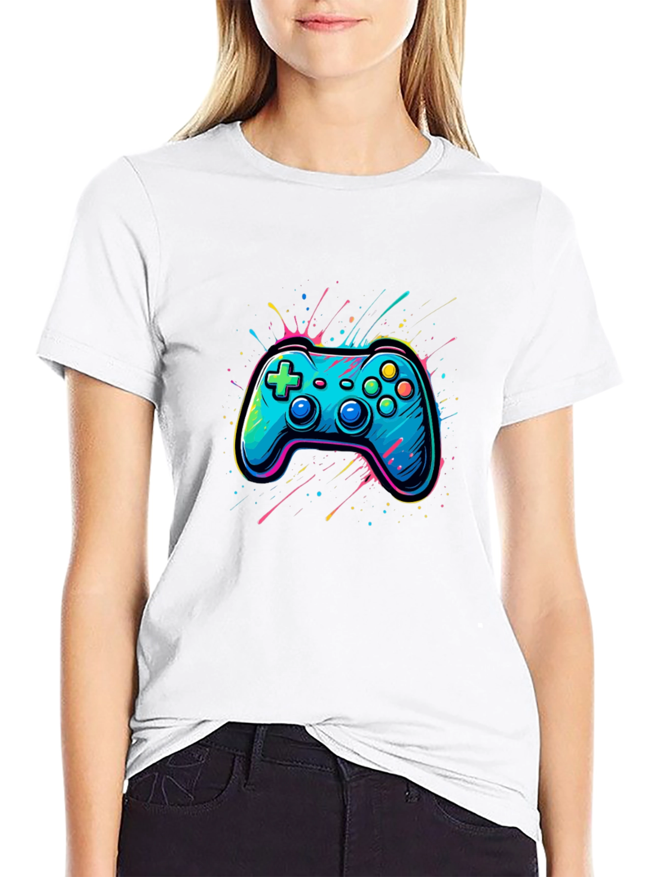 Gamer Tee: Neon Controller Graphic Black T-Shirt