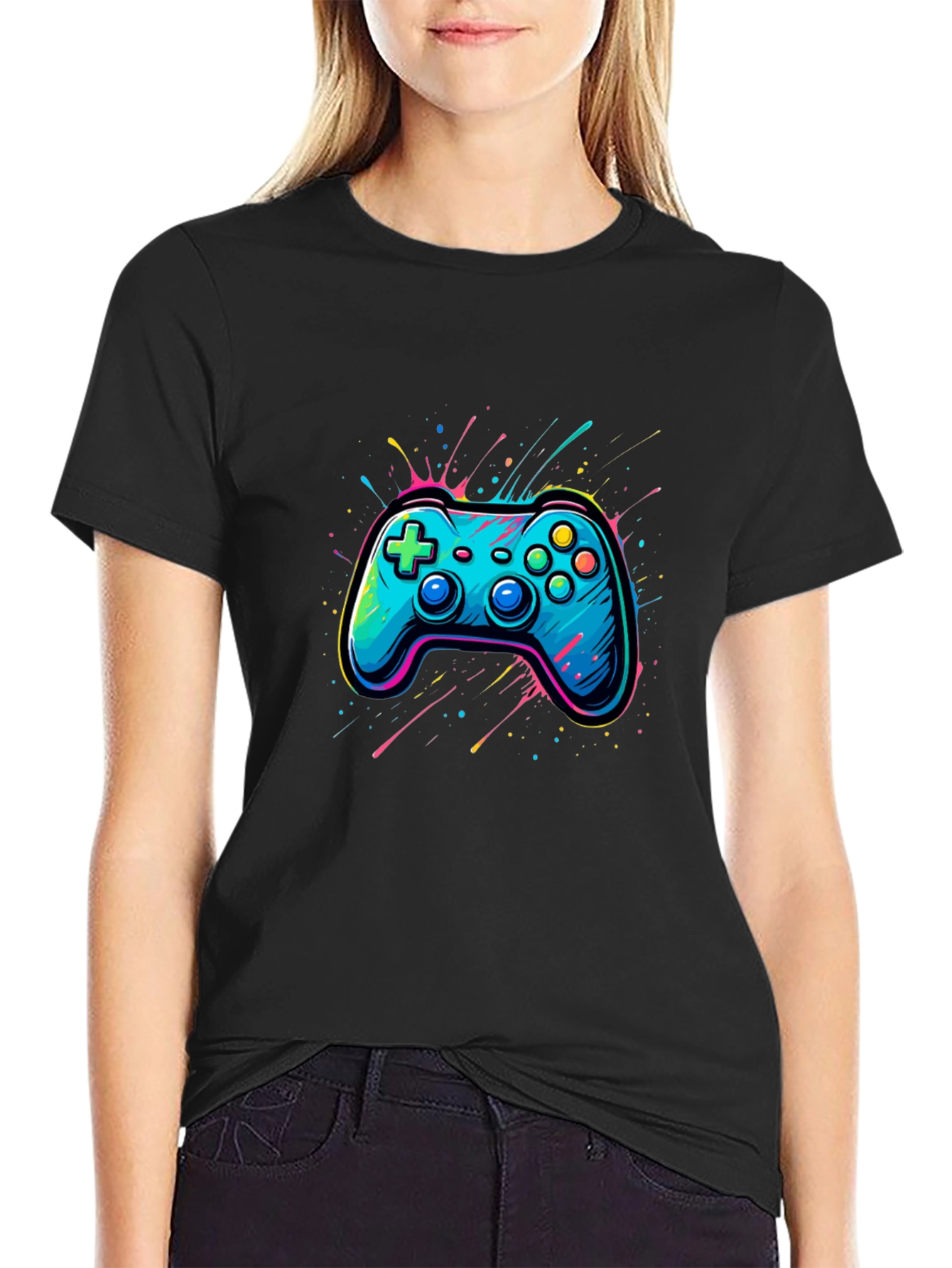 Gamer Tee: Neon Controller Graphic Black T-Shirt