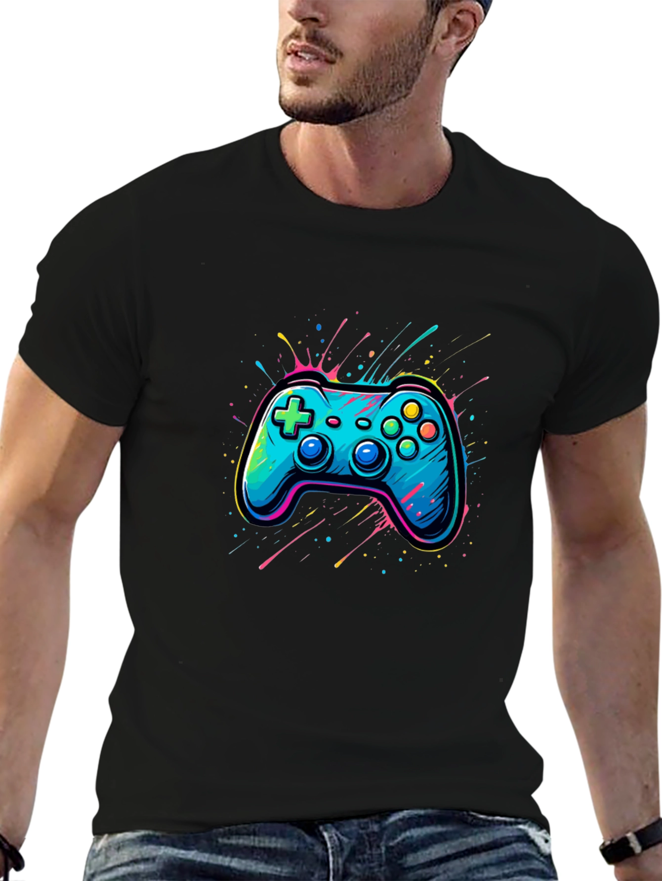 Gamer Tee: Neon Controller Graphic Black T-Shirt