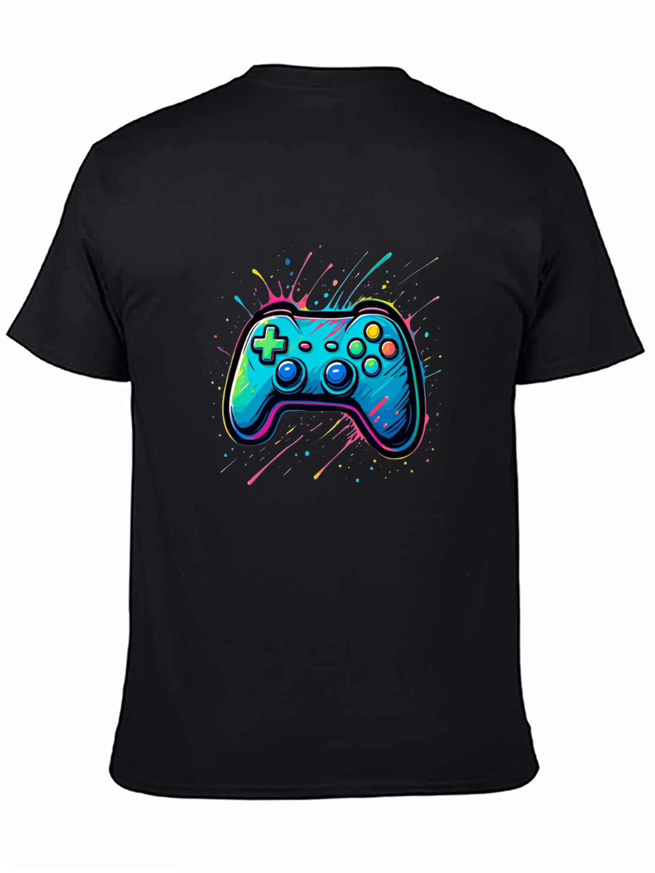 Gamer Tee: Neon Controller Graphic Black T-Shirt
