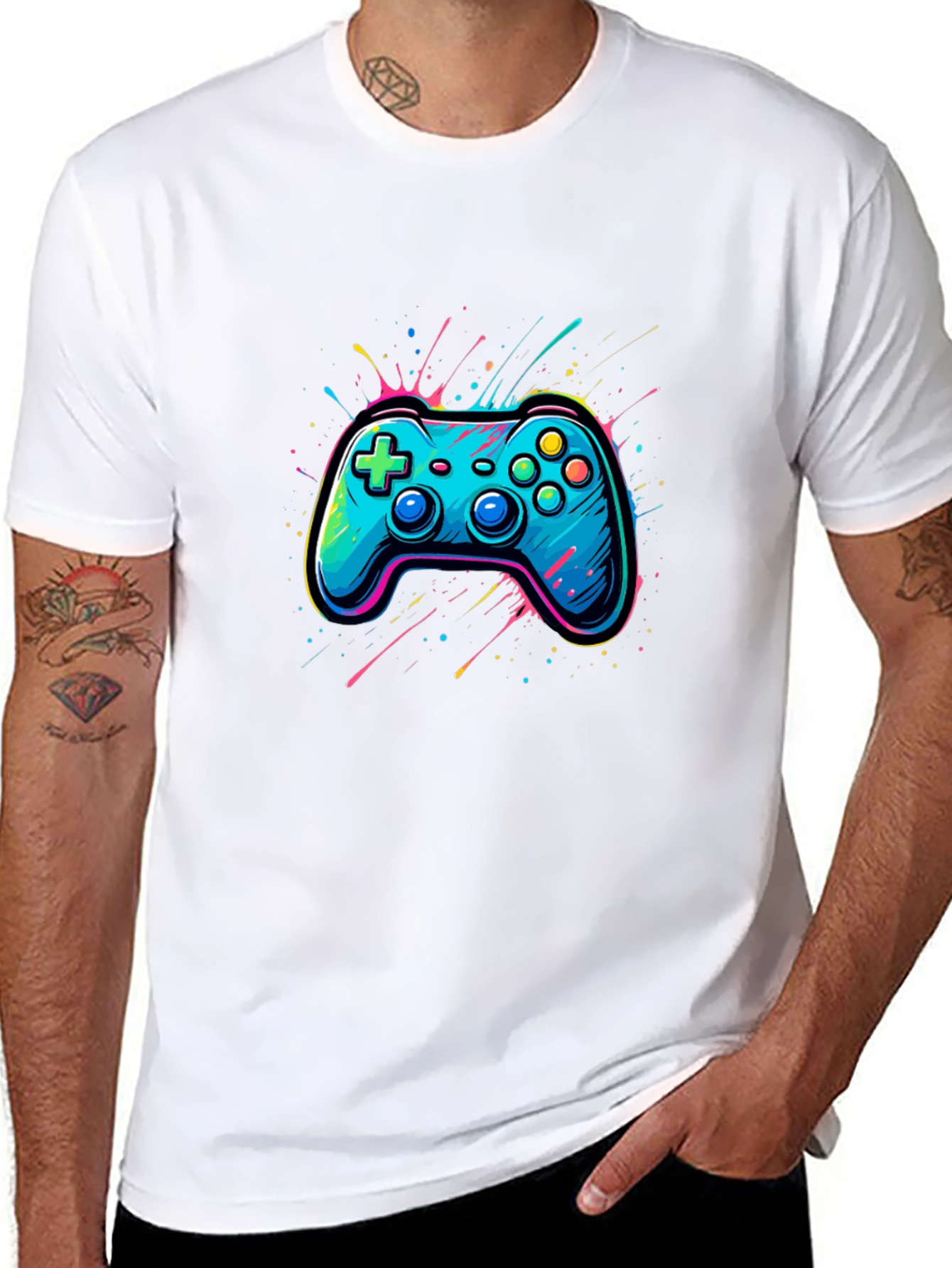 Gamer Tee: Neon Controller Graphic Black T-Shirt