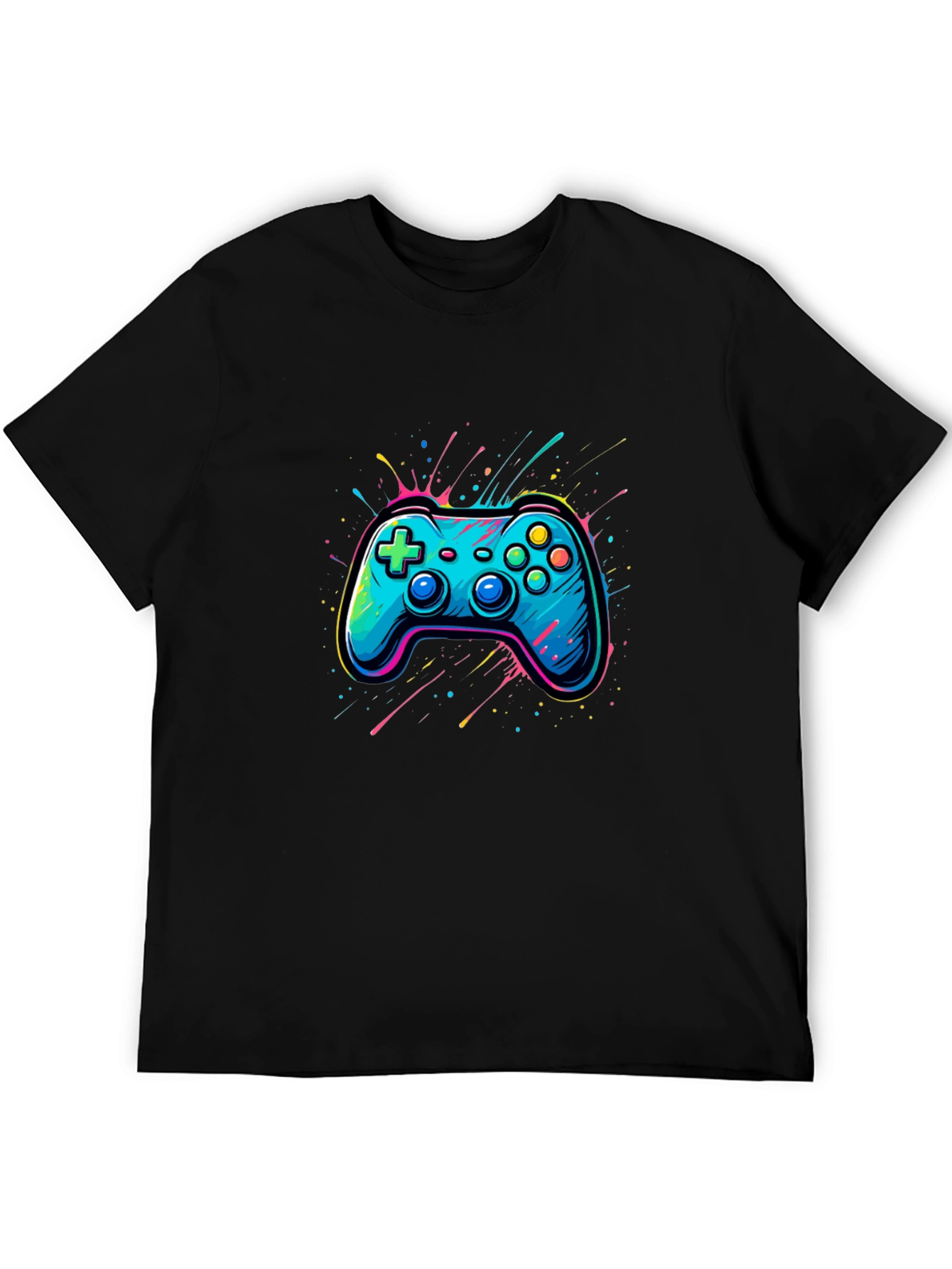 Gamer Tee: Neon Controller Graphic Black T-Shirt