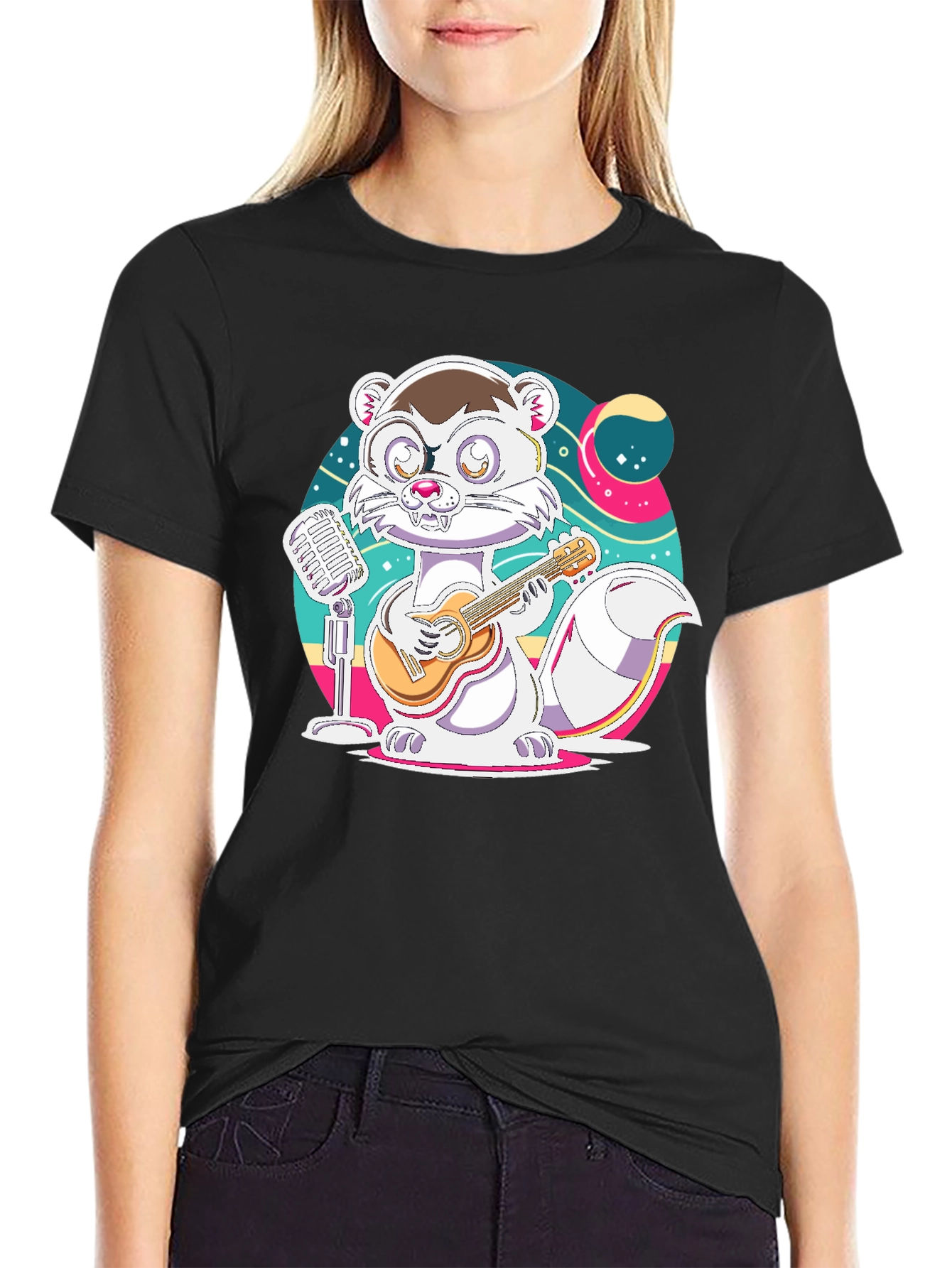 Cartoon Weasel Musician Graphic Tee