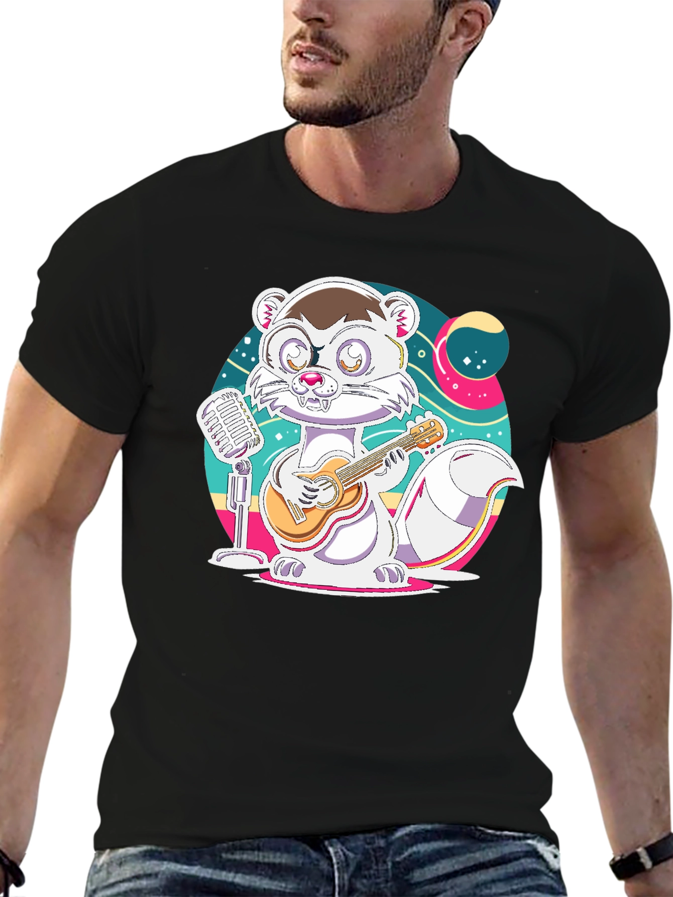 Cartoon Weasel Musician Graphic Tee