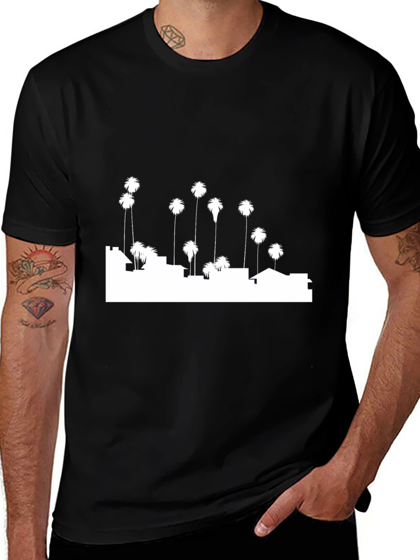 Cityscape Palm Tree Graphic Tee - Black