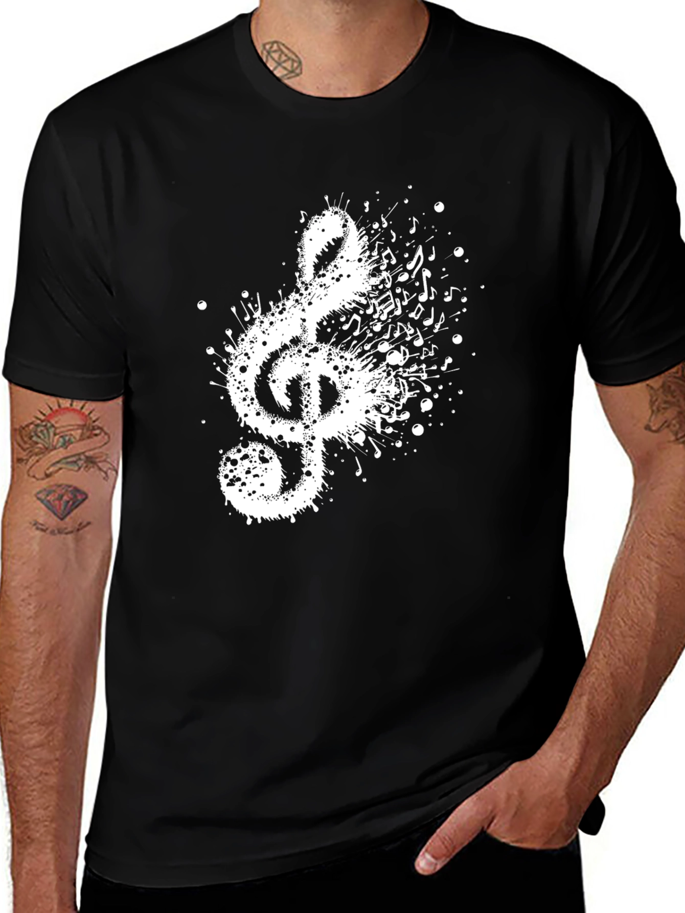 Musical Note Splash Mens Black T-Shirt