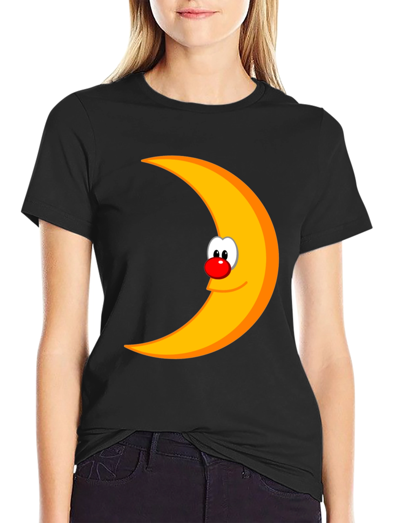 Funny Moon Face Graphic Black T-Shirt