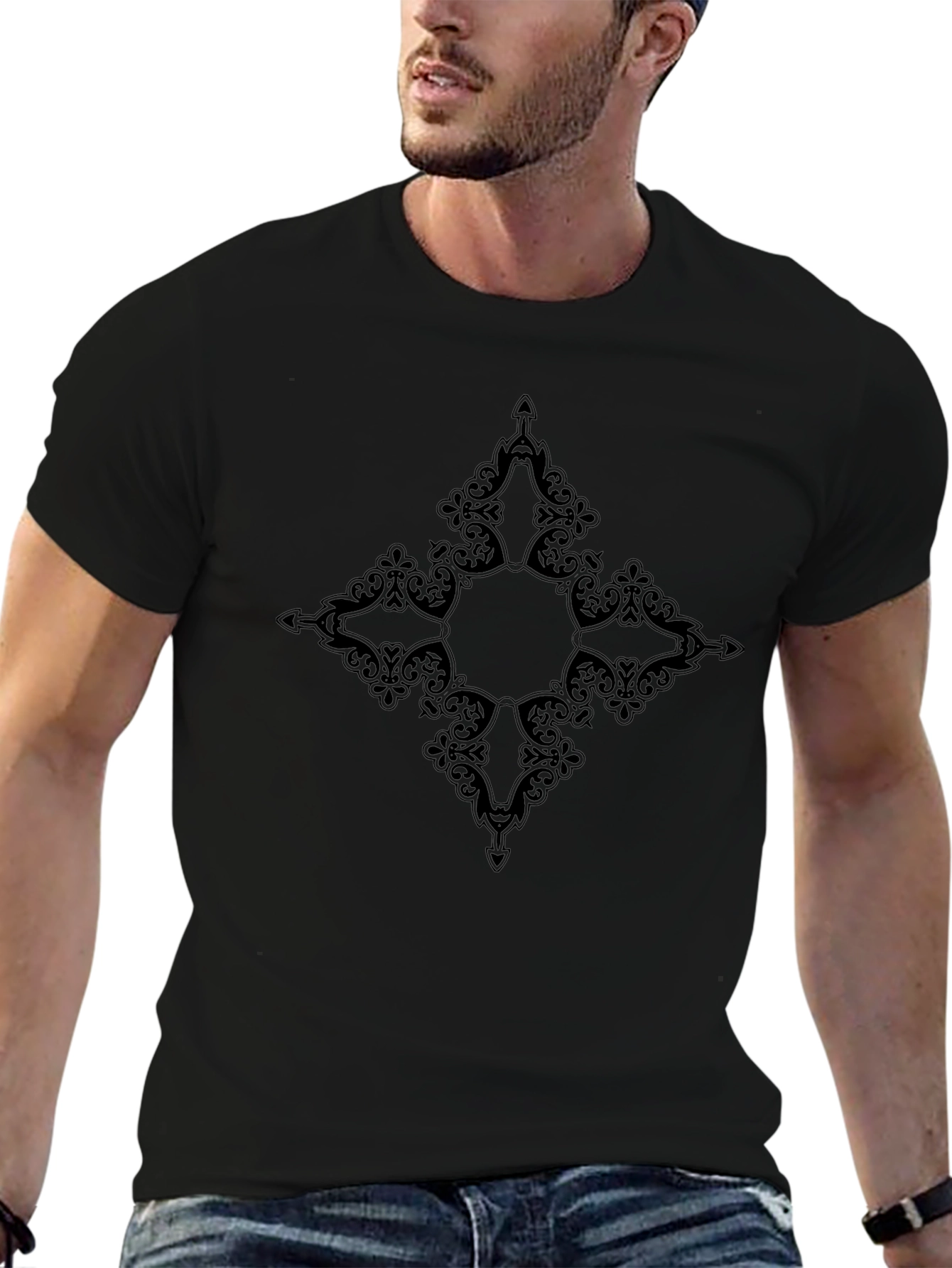 Mens Black T-Shirt with Ornamental Diamond Graphic