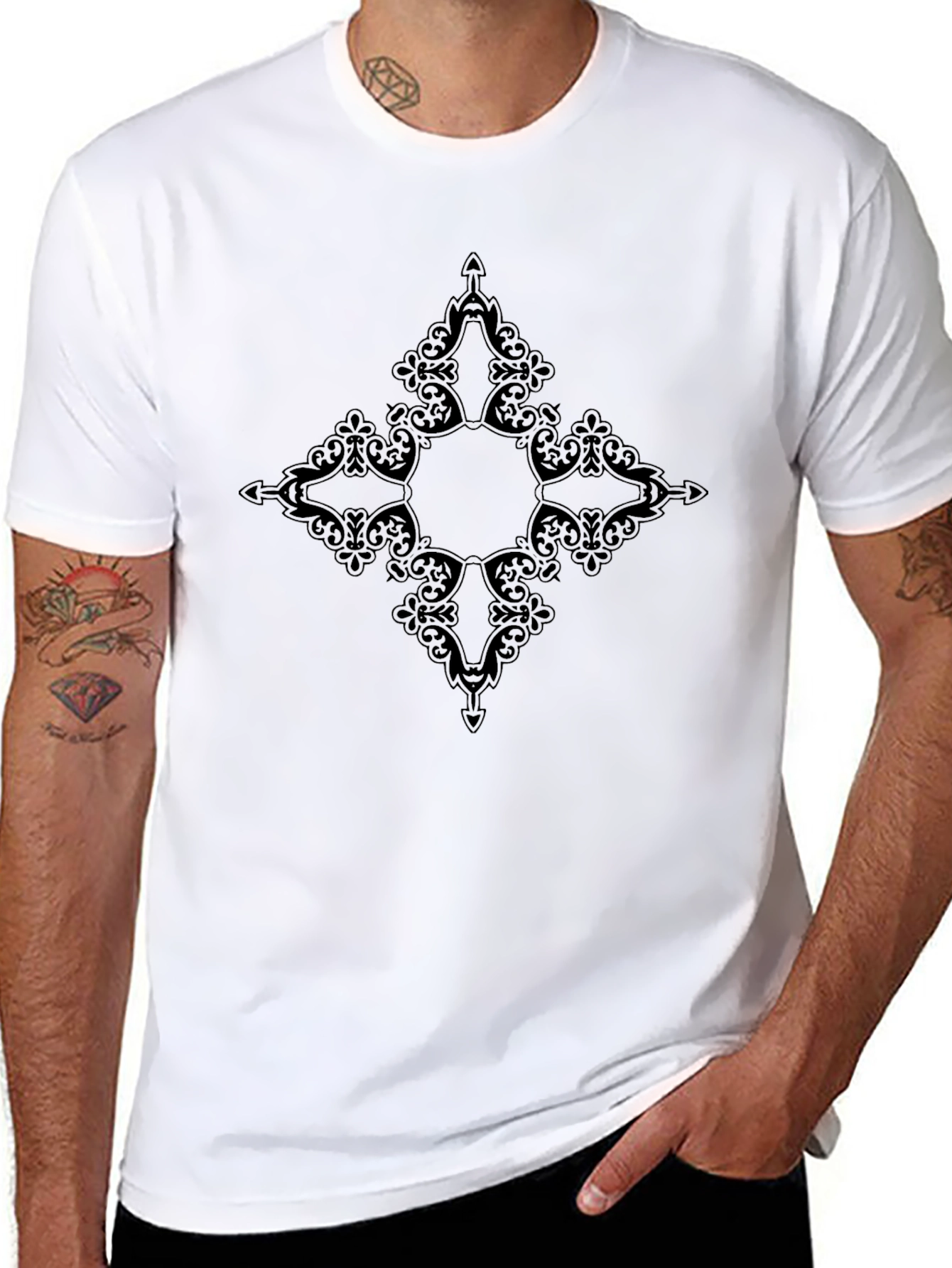 Mens Black T-Shirt with Ornamental Diamond Graphic