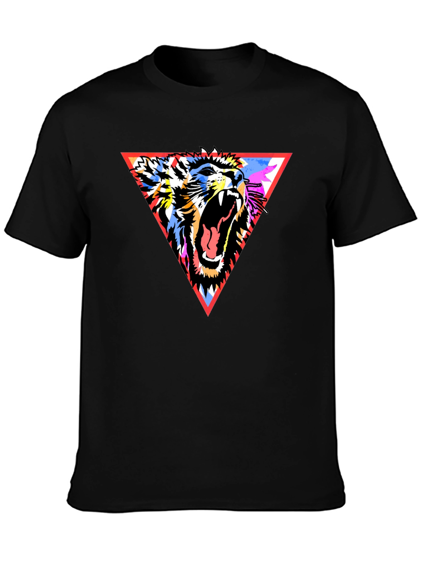 Lion Triangle Graphic Print Black T-Shirt