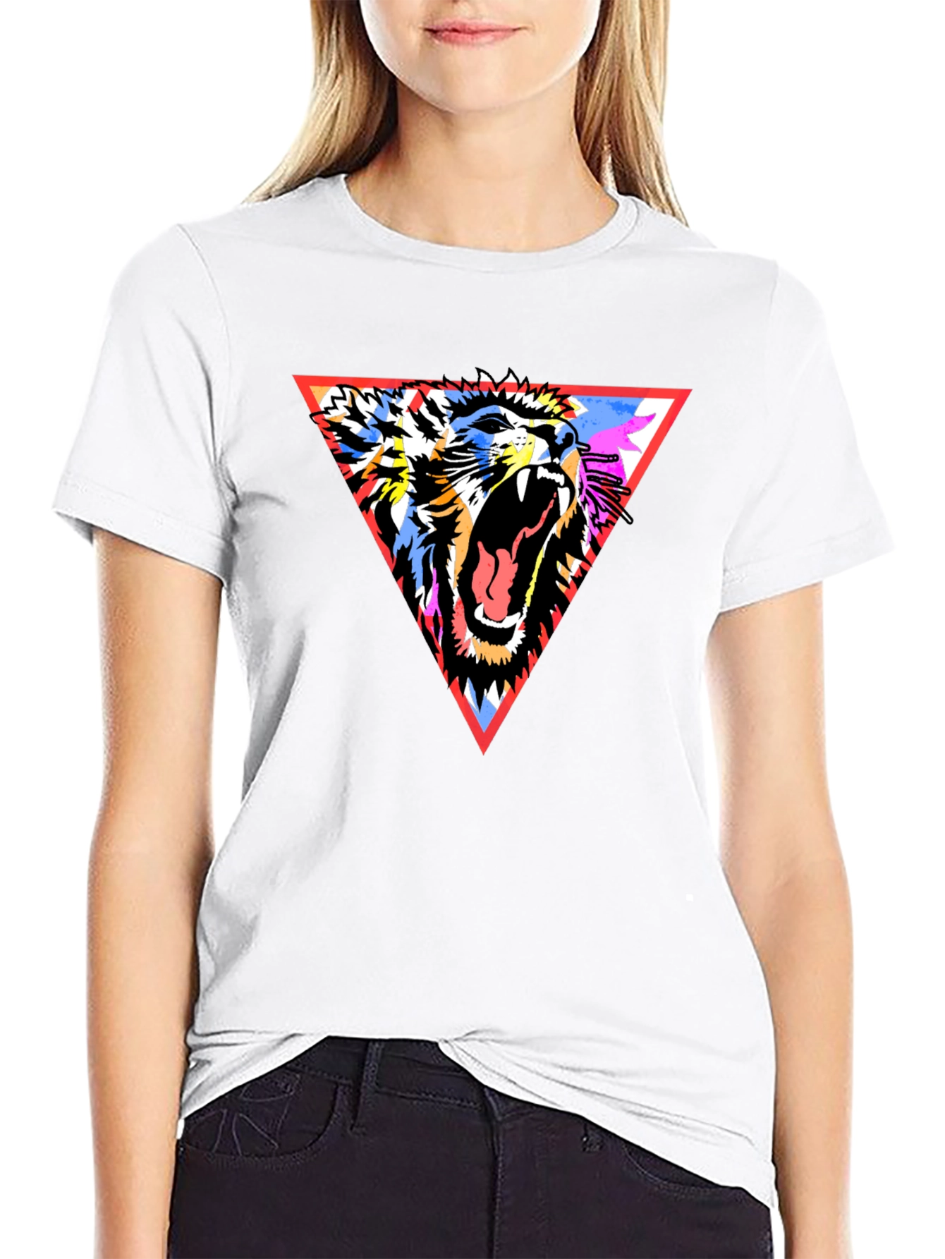 Lion Triangle Graphic Print Black T-Shirt