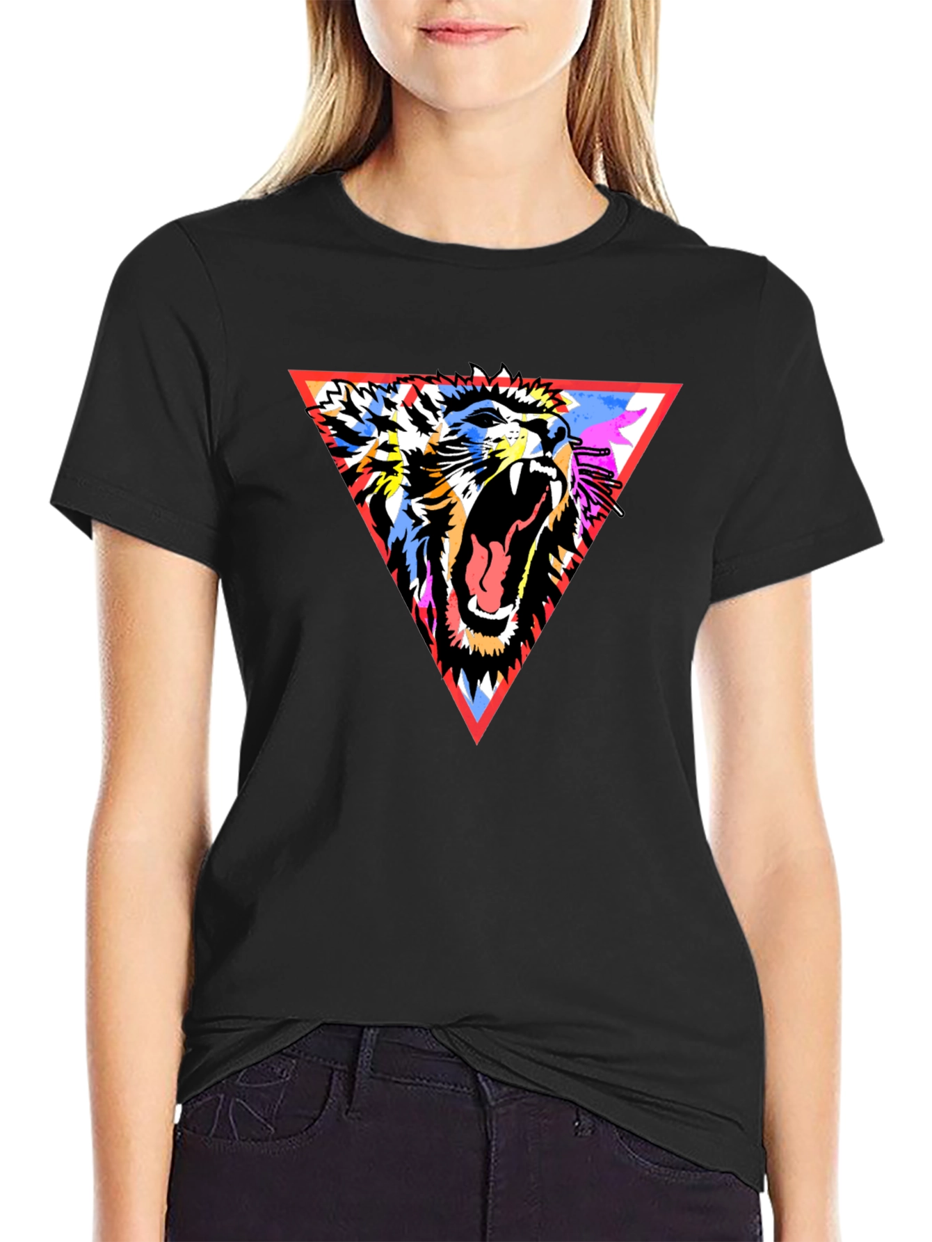 Lion Triangle Graphic Print Black T-Shirt