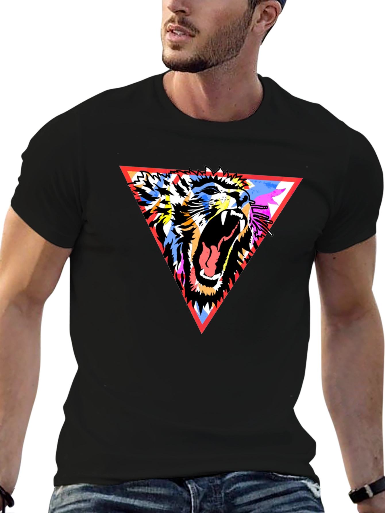 Lion Triangle Graphic Print Black T-Shirt