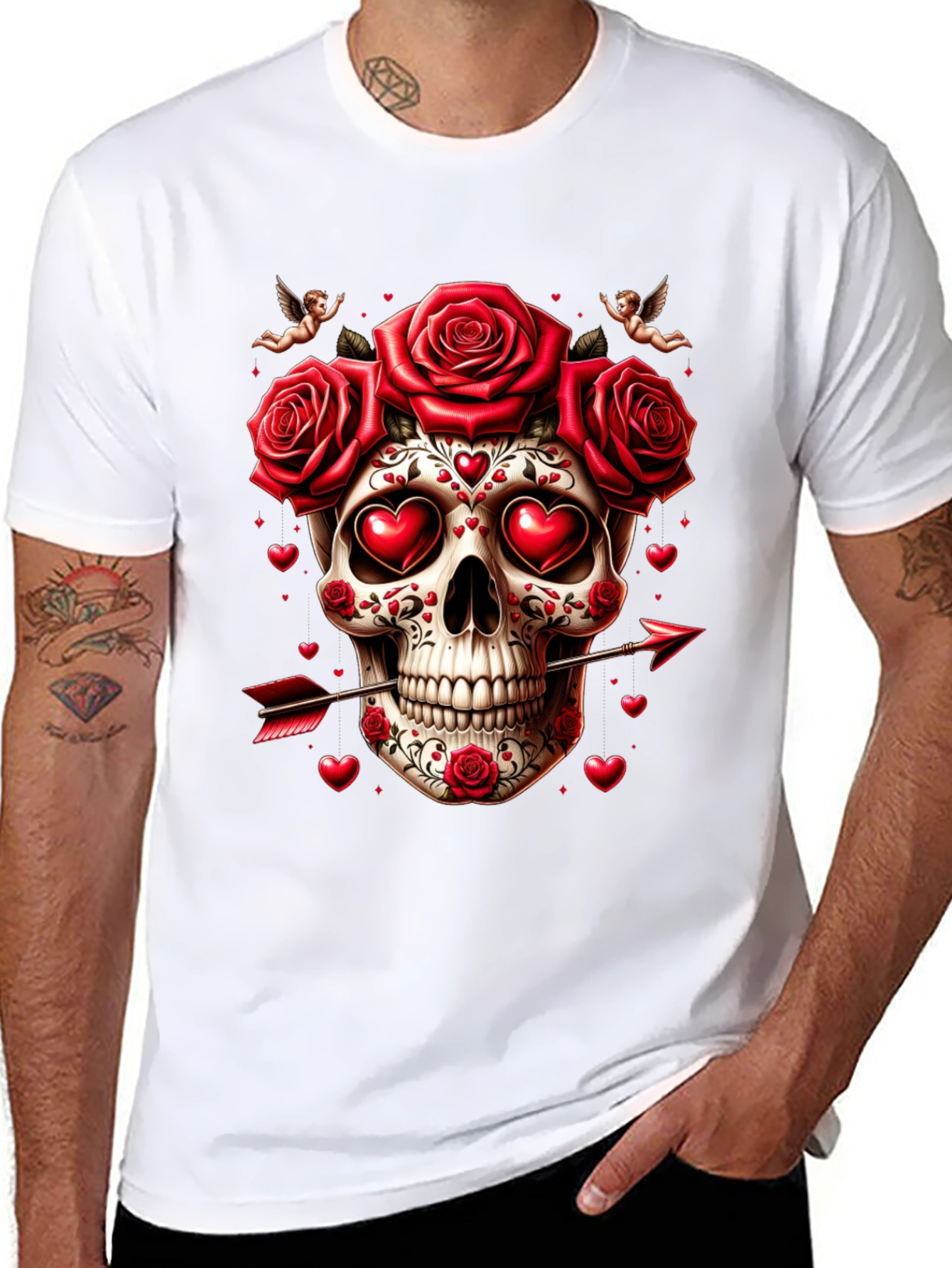 Skull Roses Hearts Arrow Valentines Day T-Shirt