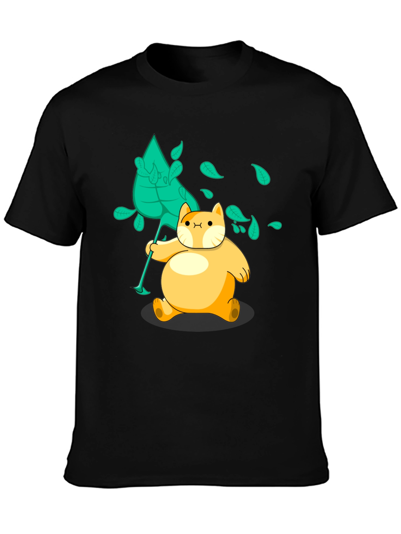 Cartoon Cat Leaf Catching Black T-Shirt