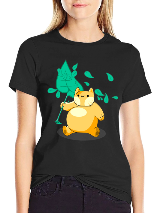 Cartoon Cat Leaf Catching Black T-Shirt