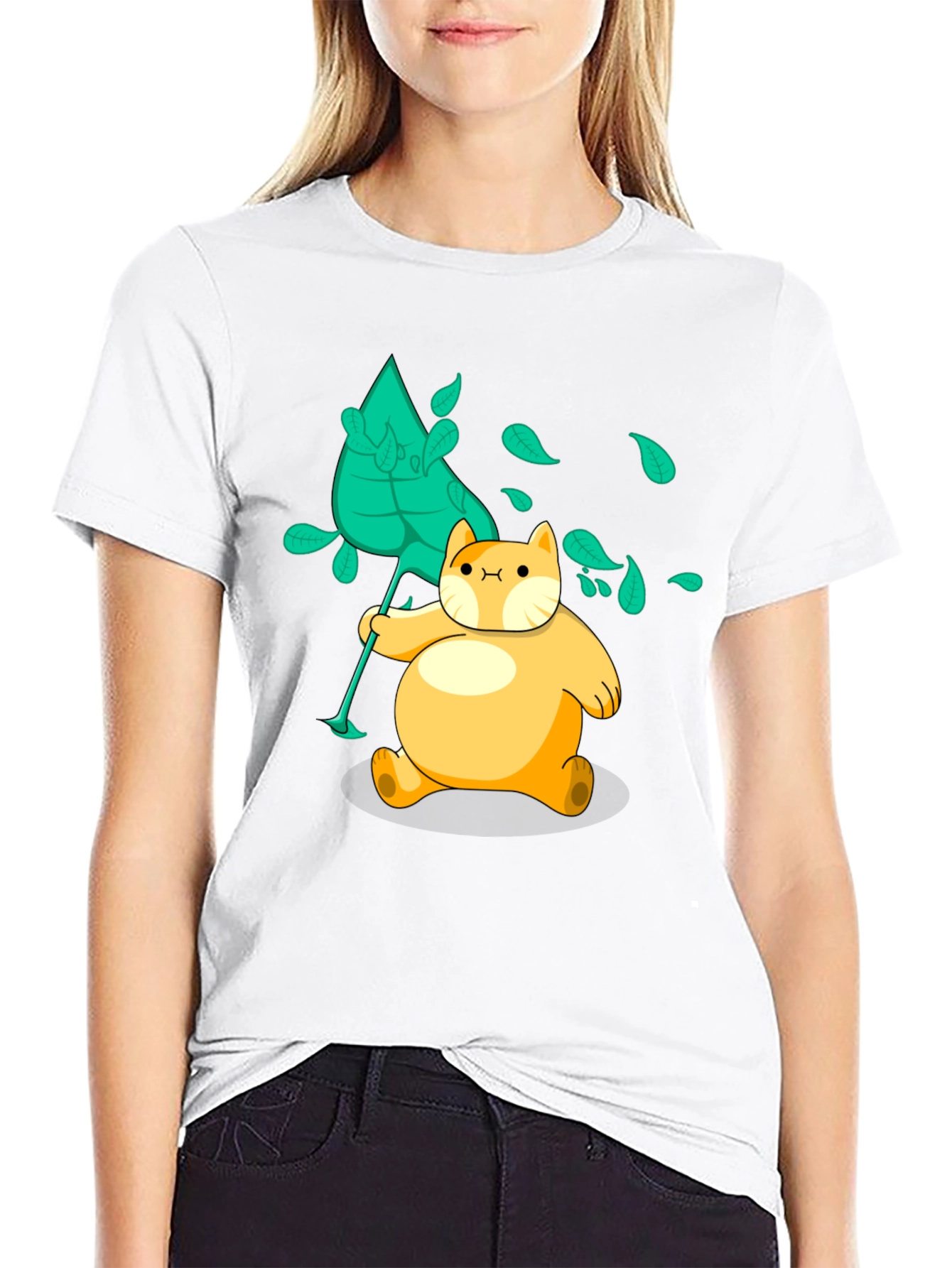 Cartoon Cat Leaf Catching Black T-Shirt