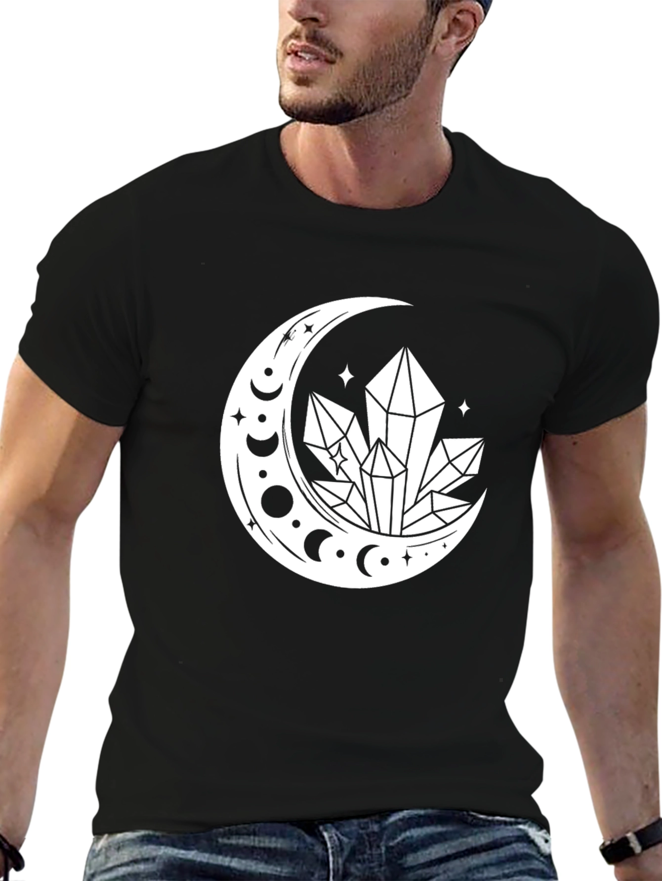 Crescent Moon Crystal Graphic T-Shirt - Black