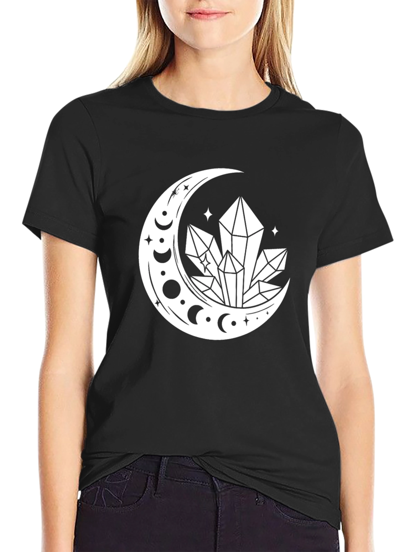 Crescent Moon Crystal Graphic T-Shirt - Black