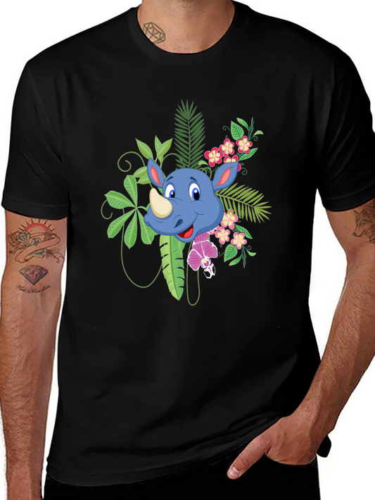 Tropical Rhino Graphic Tee - Black Casual Shirt
